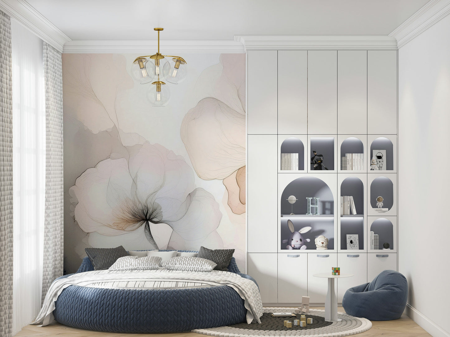 Dreamy wall mural showcasing hazy floral silhouettes in soft blush and neutral hues.