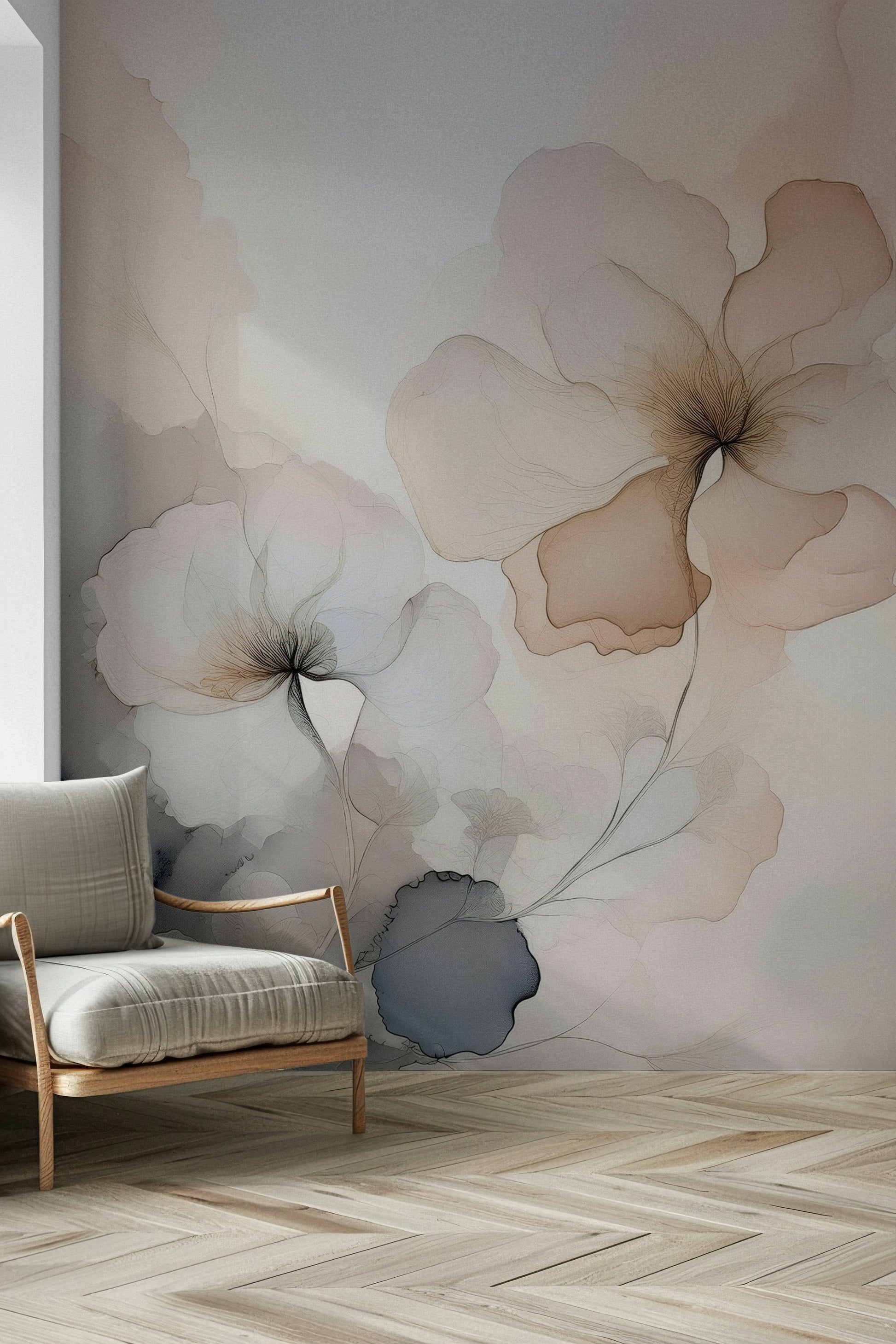 Soft watercolor-inspired floral mural blending delicate blooms and misty gradients.