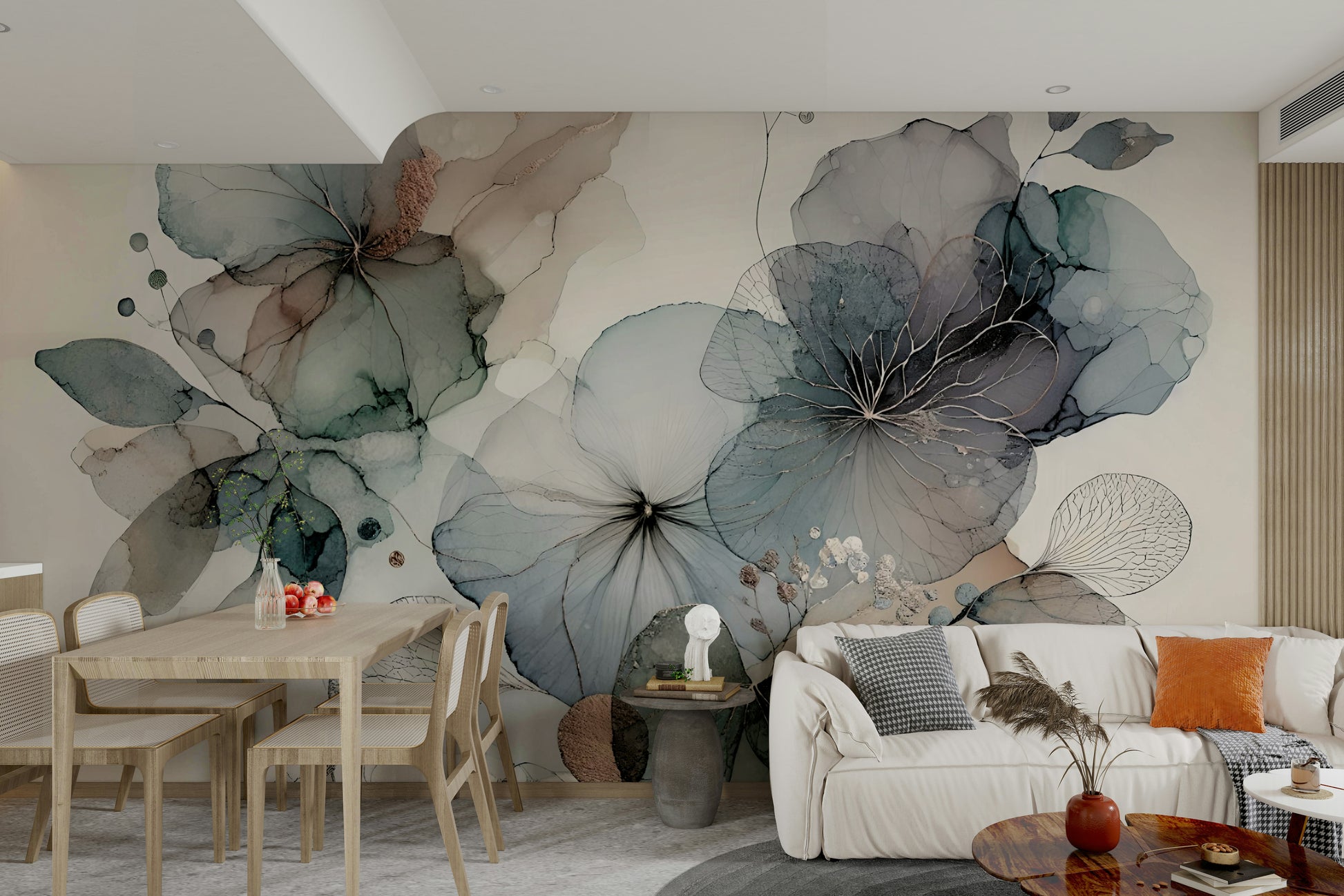 Large scale floral mural behind a beige sofa in a modern apartment.