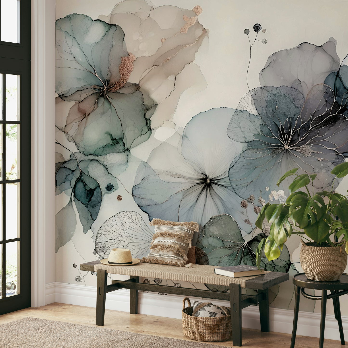 Neutral color botanical graphics for a sophisticated guest room.