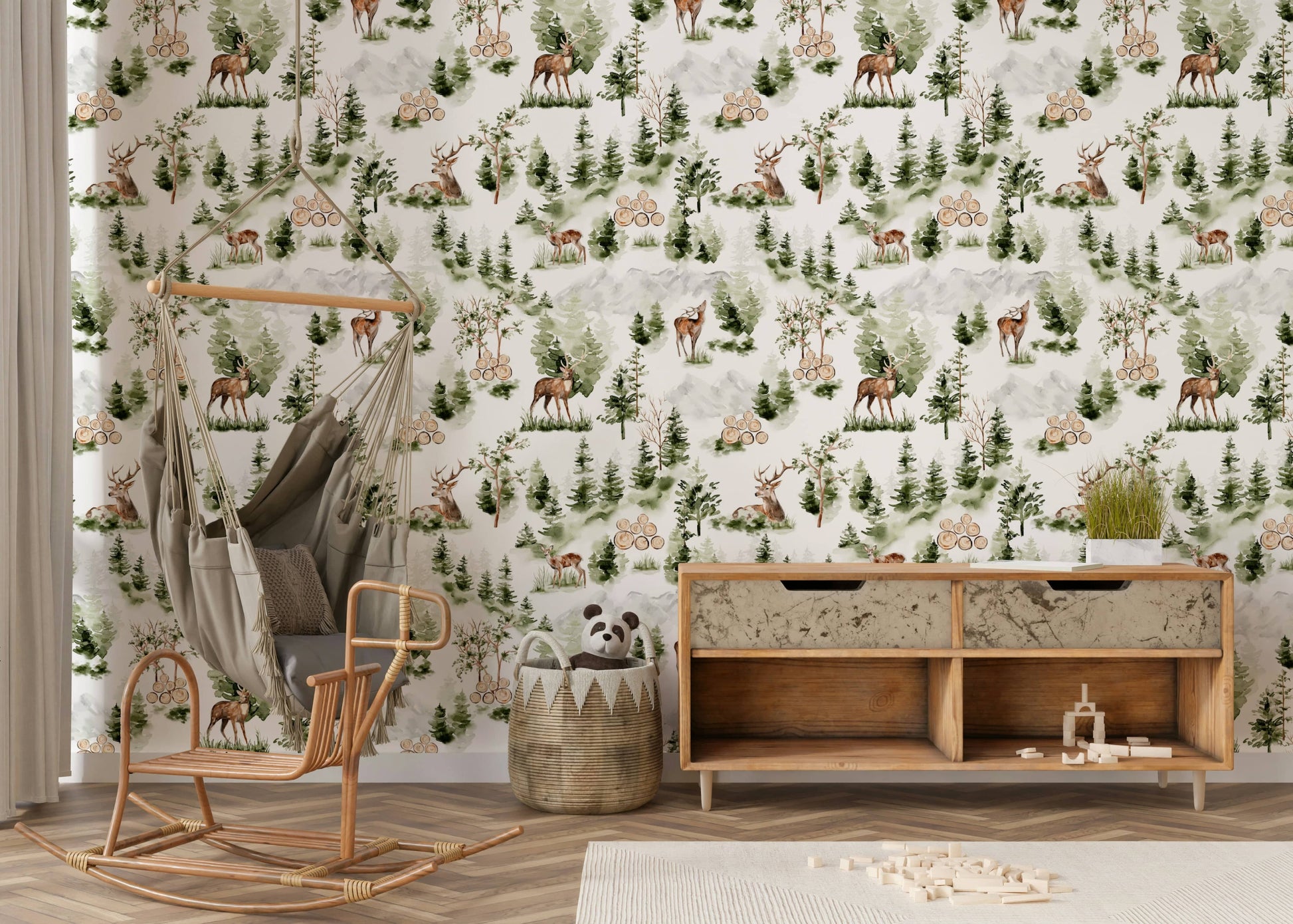 Forest Dreamscape wallpaper mural deer and green pine trees.