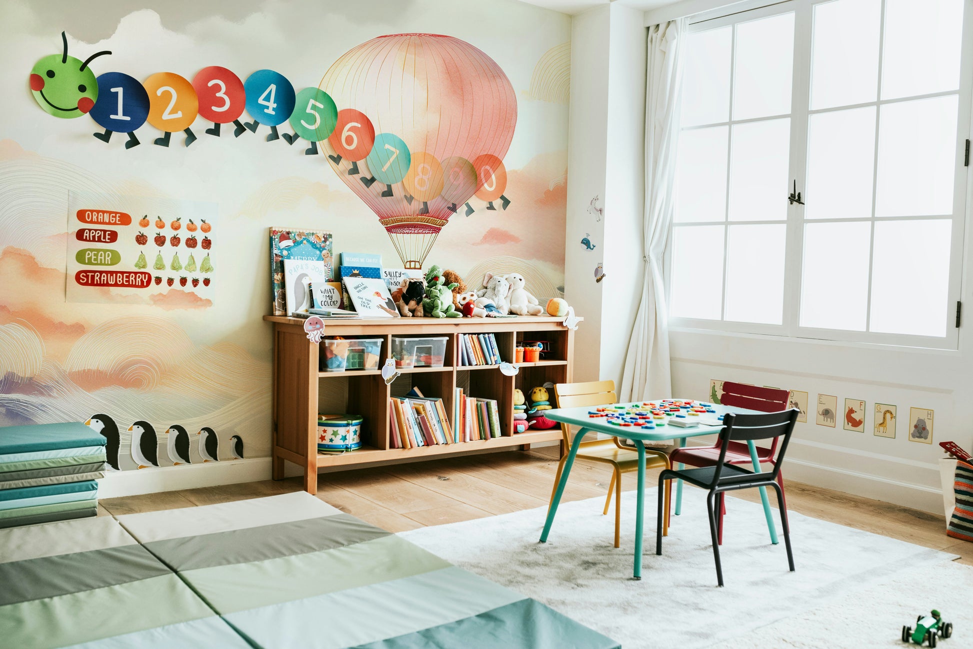Neutral colour balloon mural for a minimalist living room.