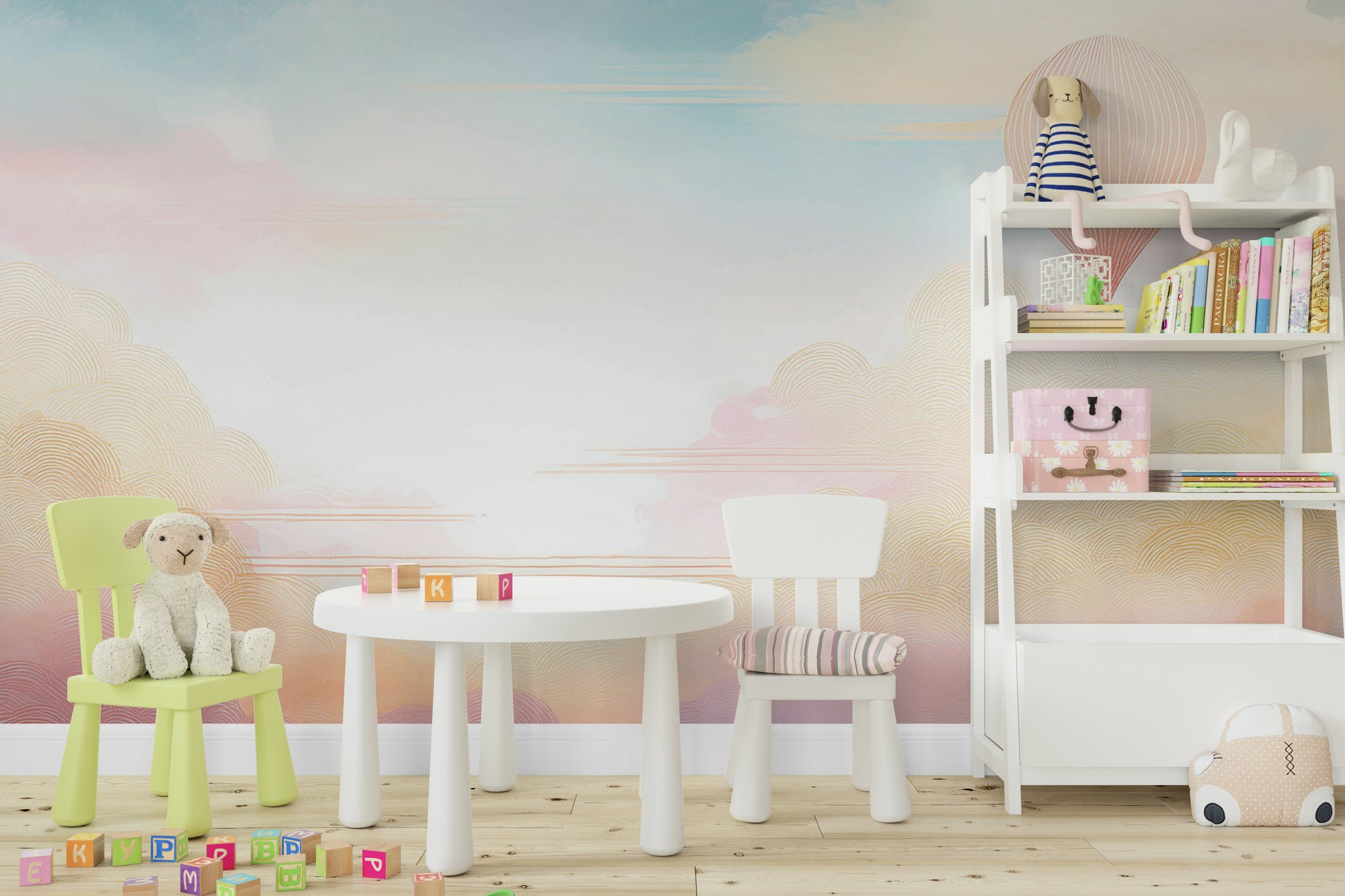 Neutral color sky graphics for a sophisticated guest suite.