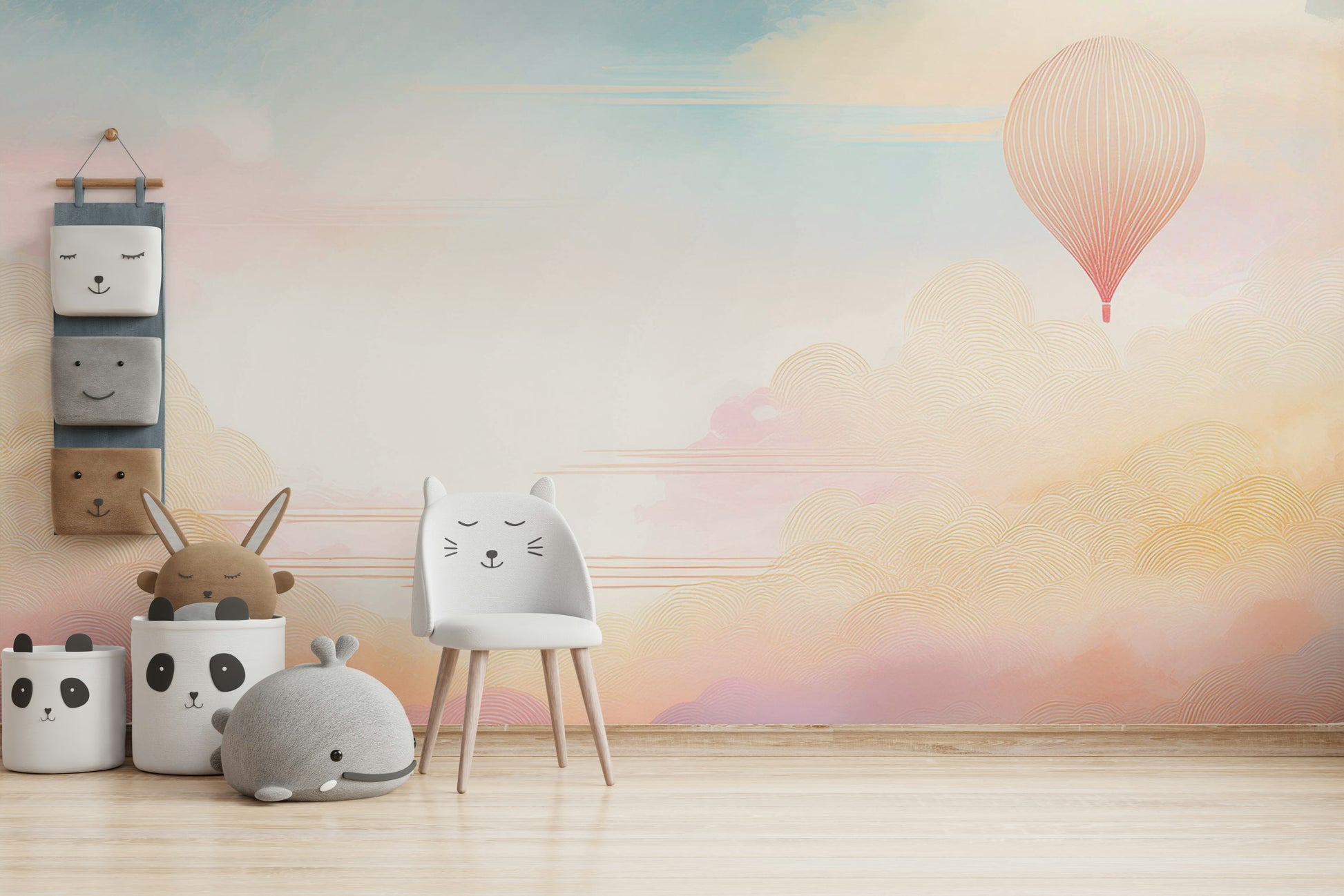 Dreamy Sky Adventure Wall Mural in a home office with a white desk.