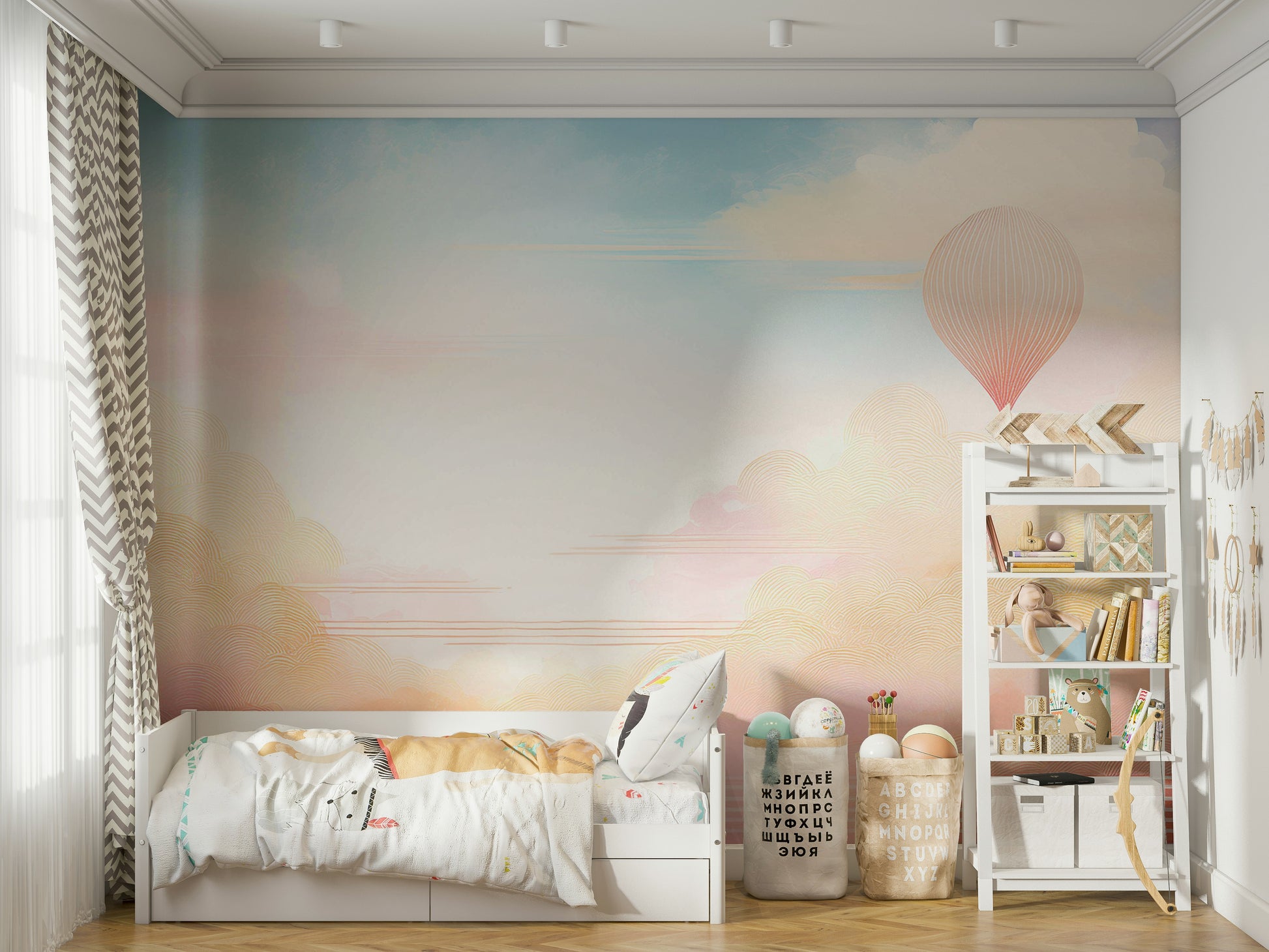 Matte finish mural with soft cloud patterns and light blue tones.