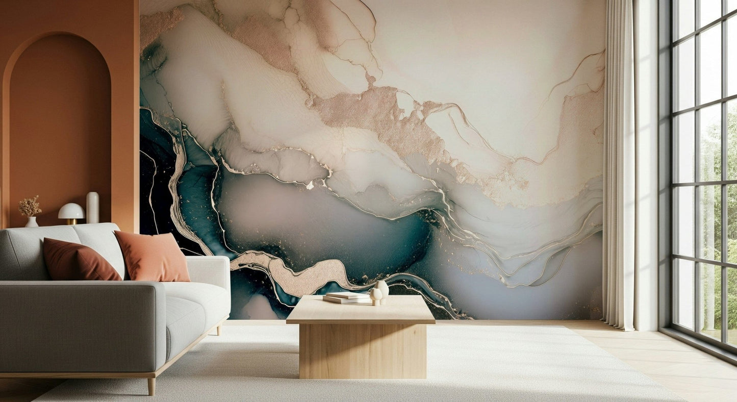 Wall mural inspired by natural stone layers with dreamy rose gold shimmer and elegant depth.