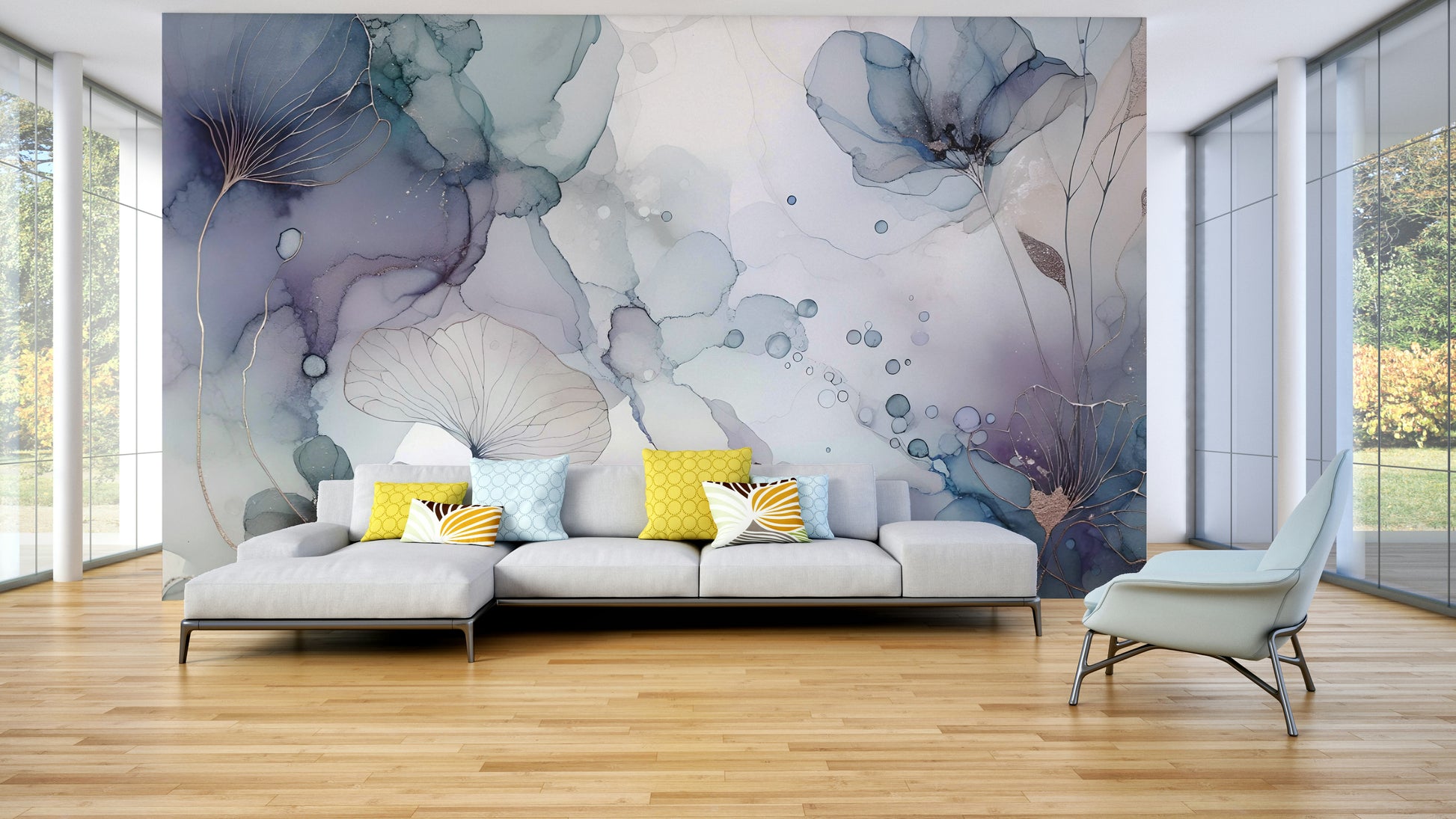 Soft pink and white floral mural in a bright apartment living room.