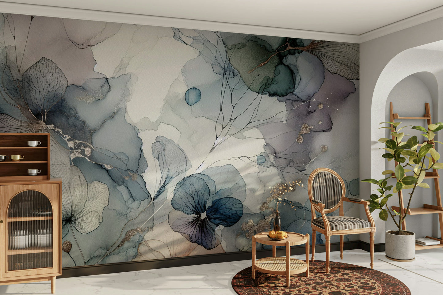 Matte finish mural with soft floral patterns and layered petals.