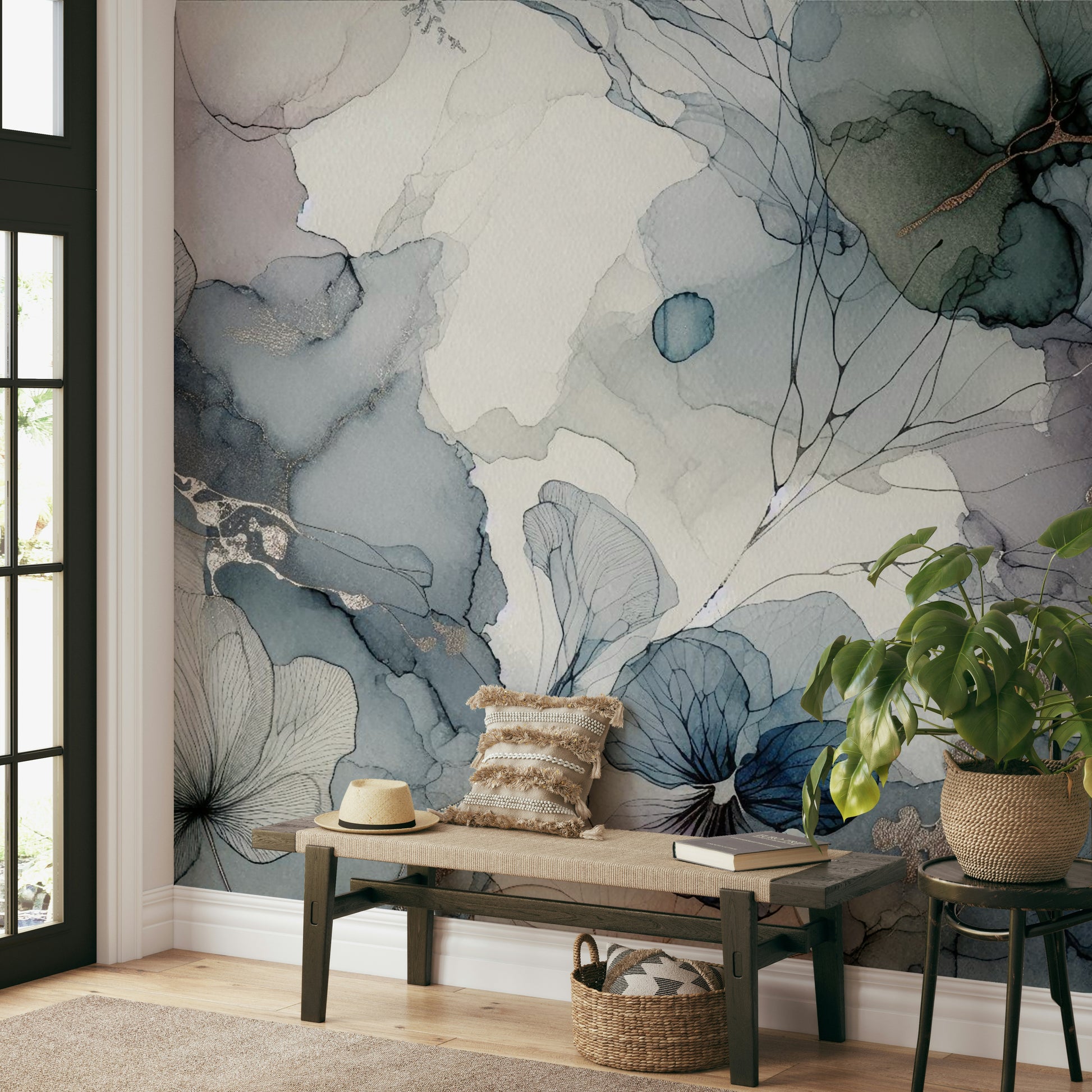 Artistic petal illustration in a contemporary studio apartment.