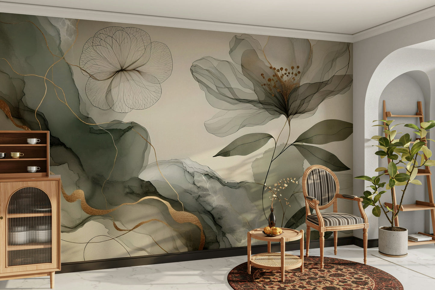 Watercolor-style wallpaper in sage and cream tones

