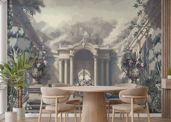 A Dreamy Skyline Tropical Trees wallpaper mural shown as a full feature wall that highlights the design