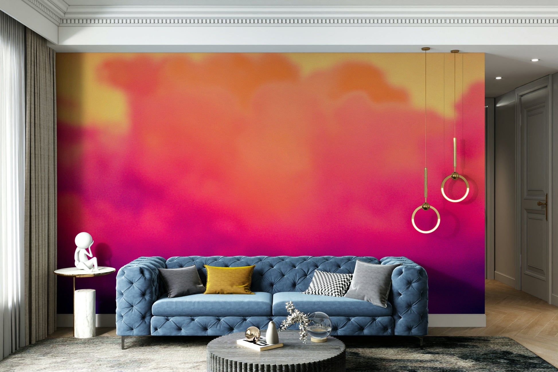 A peaceful open sky mural on decorative wallpaper.

