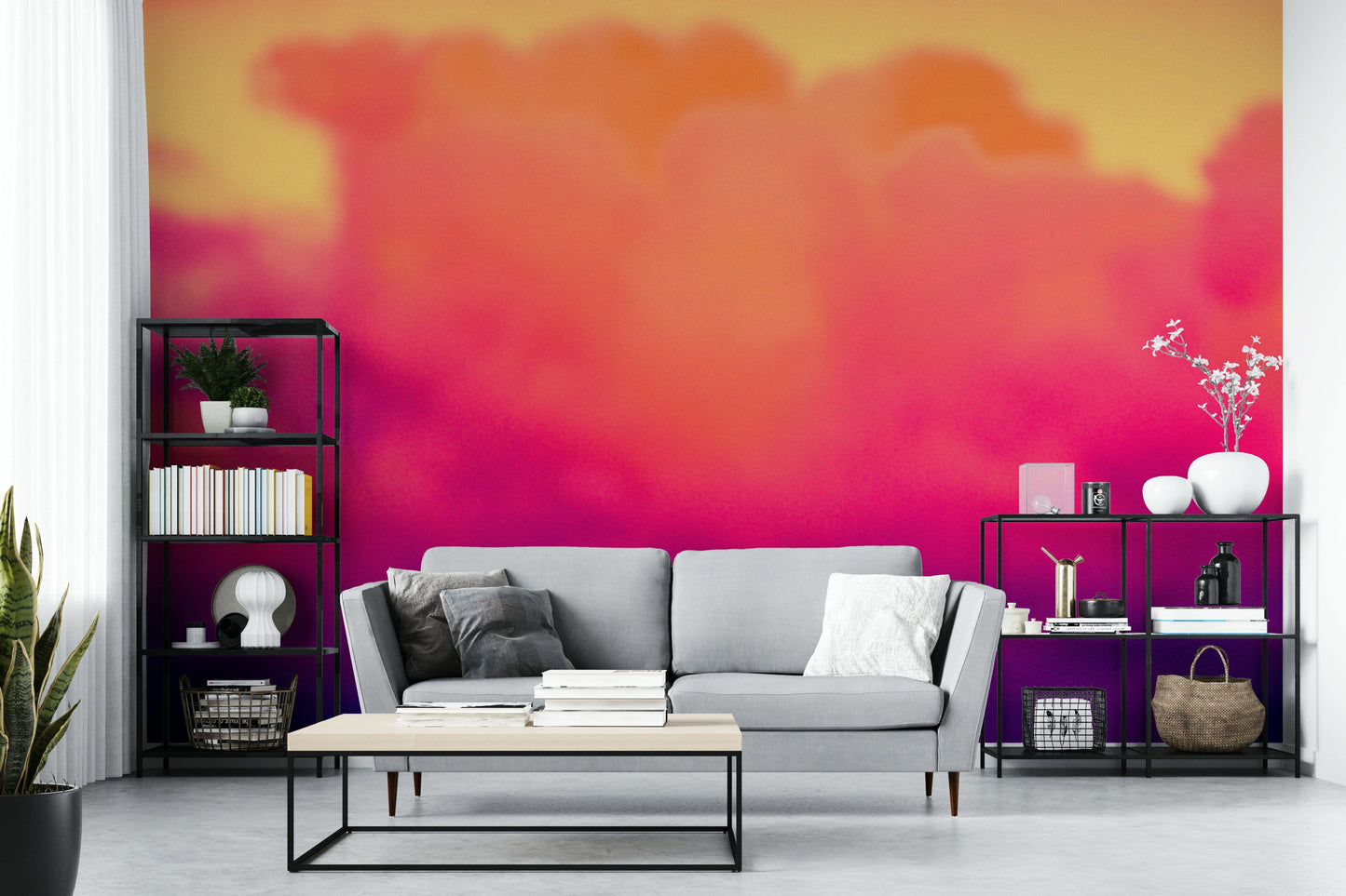 An artistic dreamy sky mural on minimalist wallpaper.

