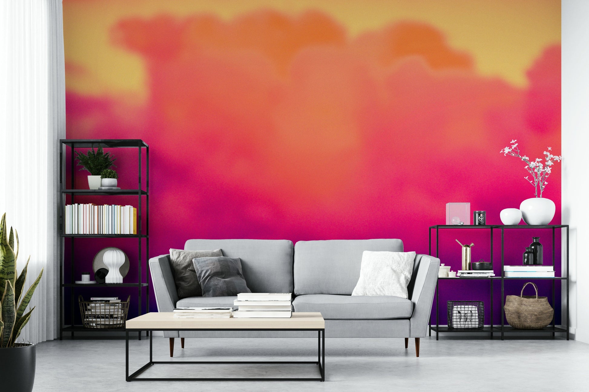 An artistic dreamy sky mural on minimalist wallpaper.

