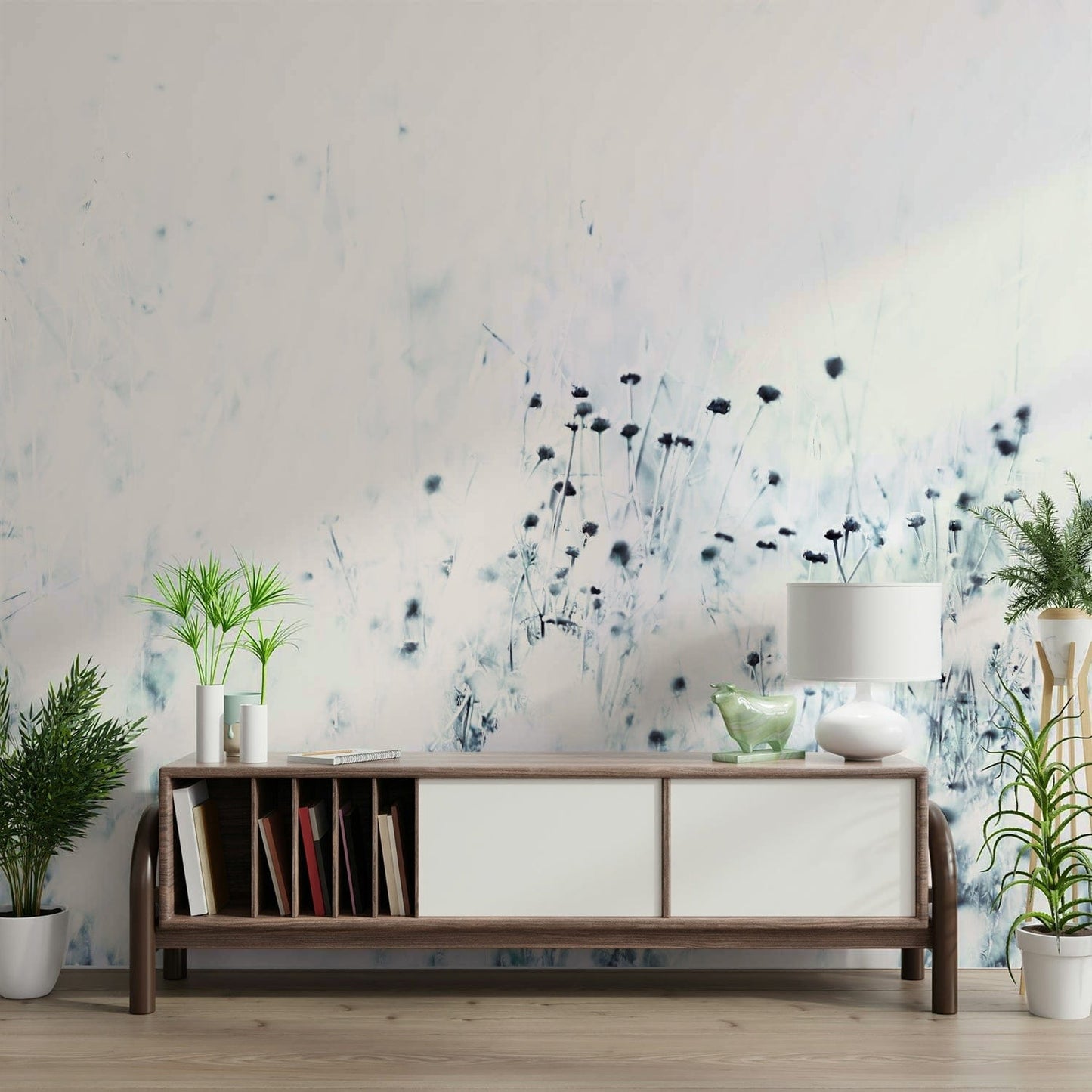 An artistic botanical escape mural for home decor.

