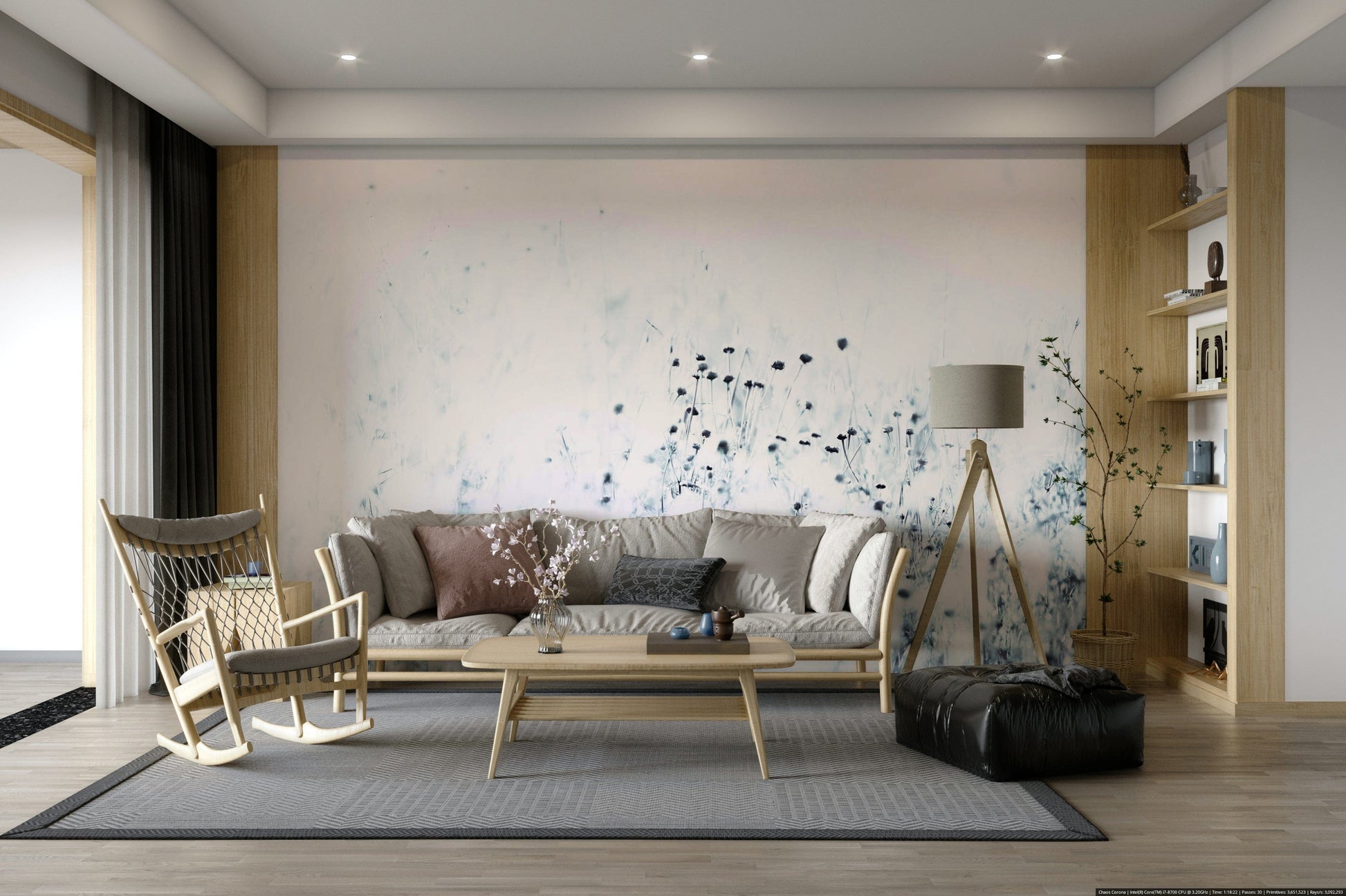 An artistic natural plant mural on minimalist wallpaper.

