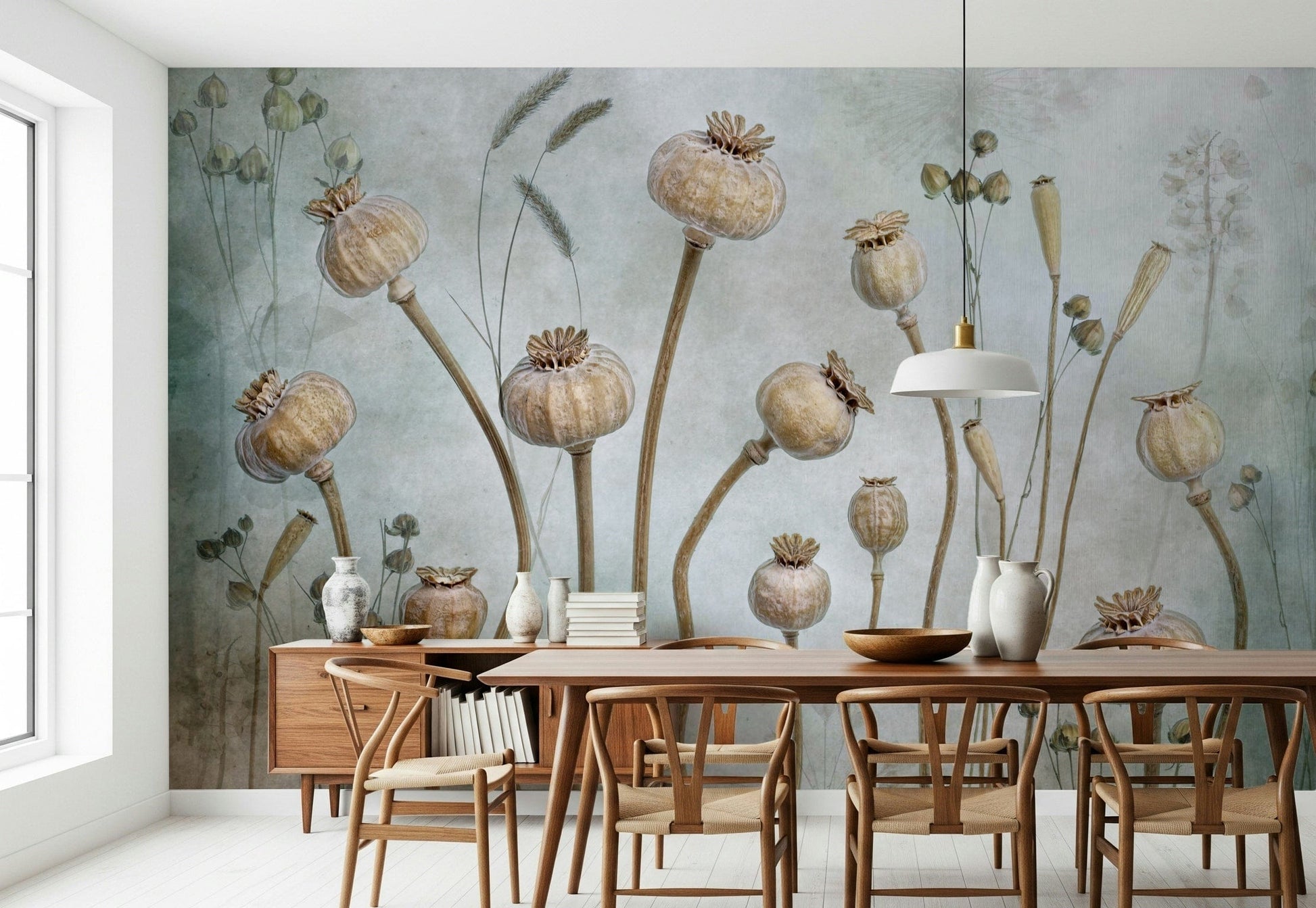 A peaceful botanical design mural on decorative wallpaper.

