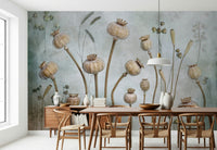 A peaceful botanical design mural on decorative wallpaper.

