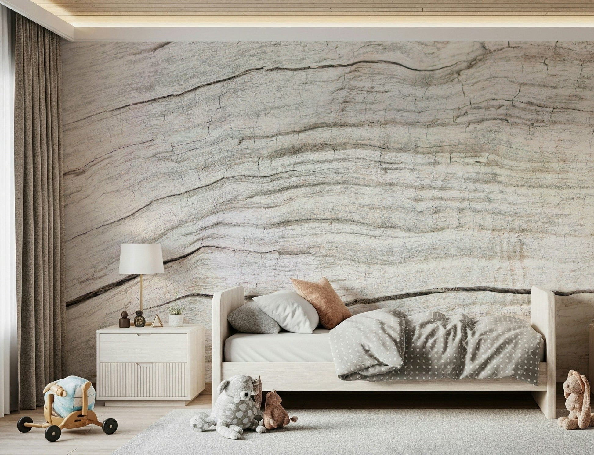 Interior calm achieved through Driftwood Texture Wall Mural muted wood tones