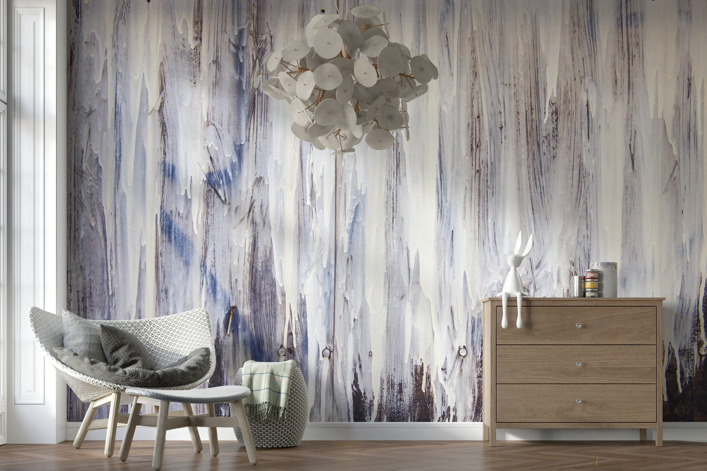 Dripping Serenity Wall Mural featuring cascading abstract paint drips in calming, muted tones for tranquil interiors.