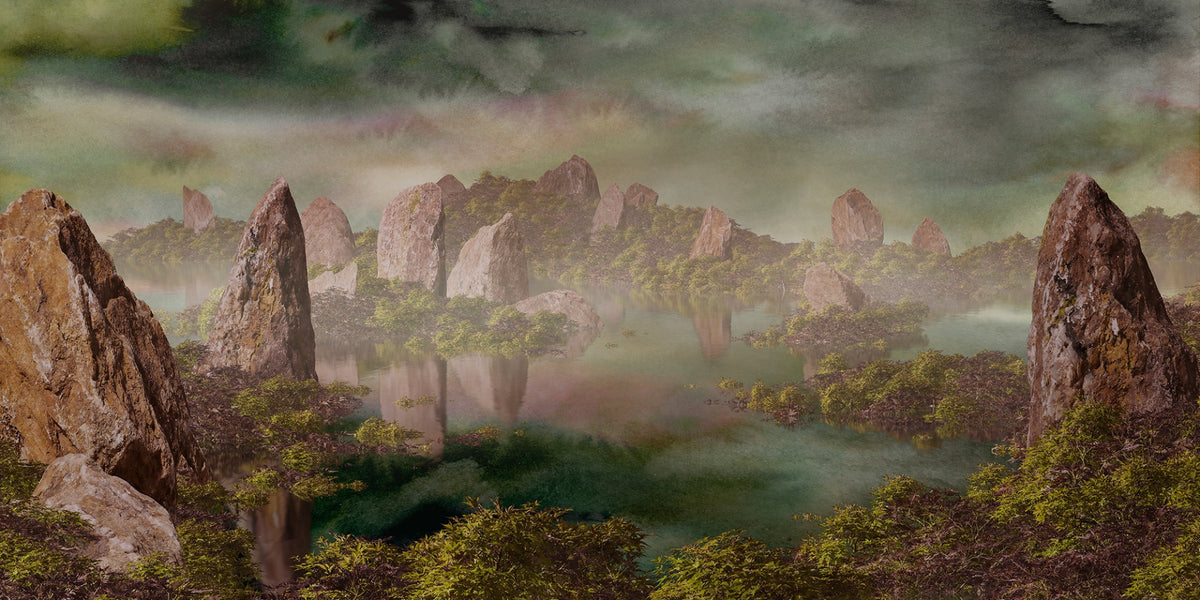 Dramatic Chinese Landscape Green Wallpaper Murals in your room