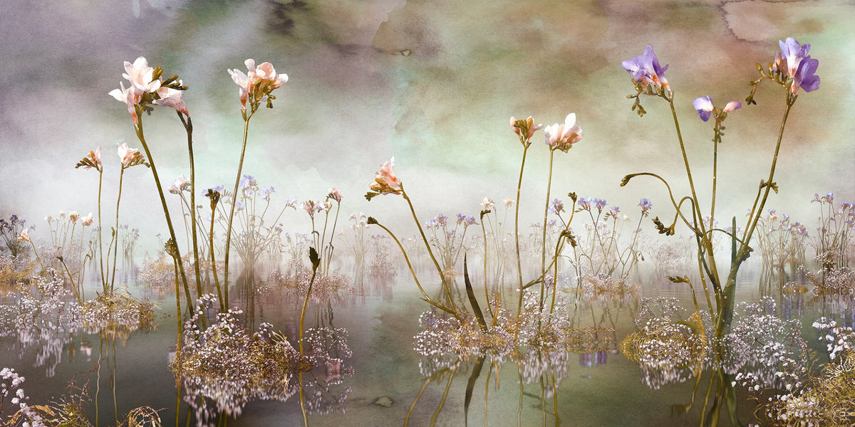 Colorful Freesia Floral Watercolor Wallpaper Murals in your room — zoomed