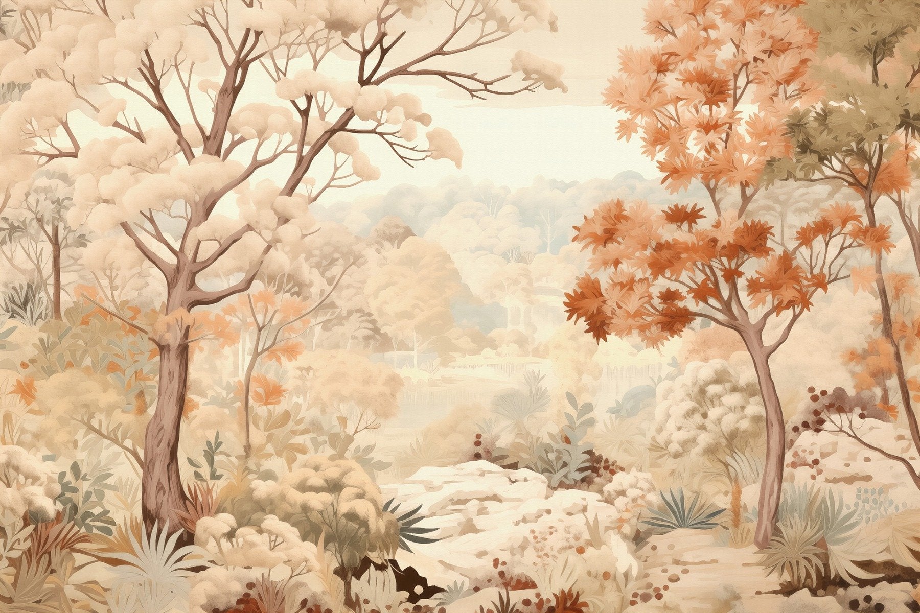 Forest Autumn Watercolor Beige Wallpaper