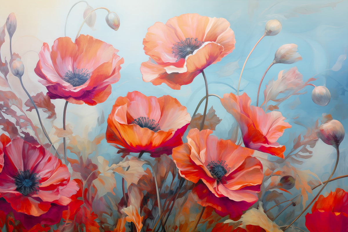 Wild Poppies Red and Blue Flower Wallpaper in your room — zoomed