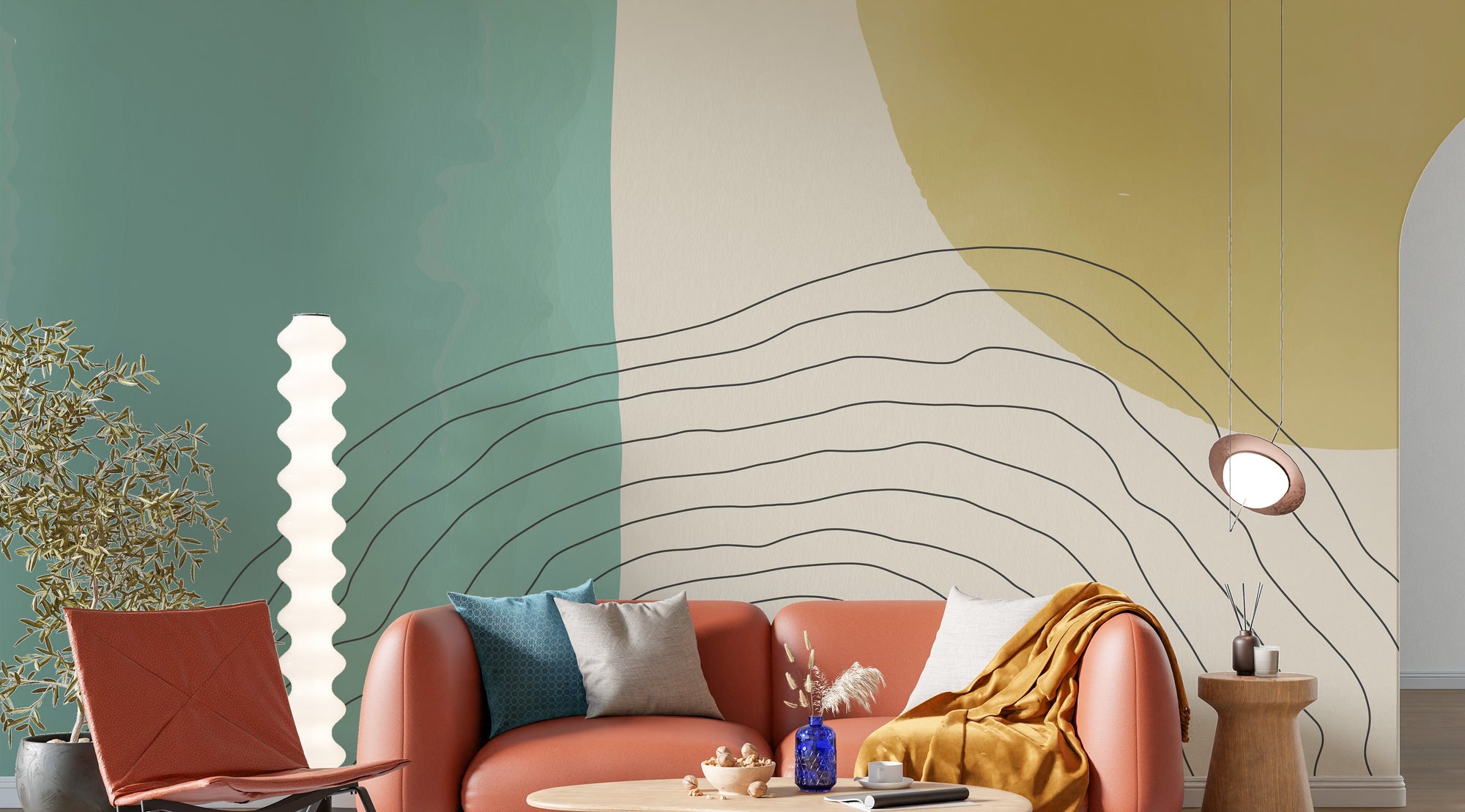 Dual Tone Watercolor Abstract wallpaper mural shown as a full feature wall that highlights the design