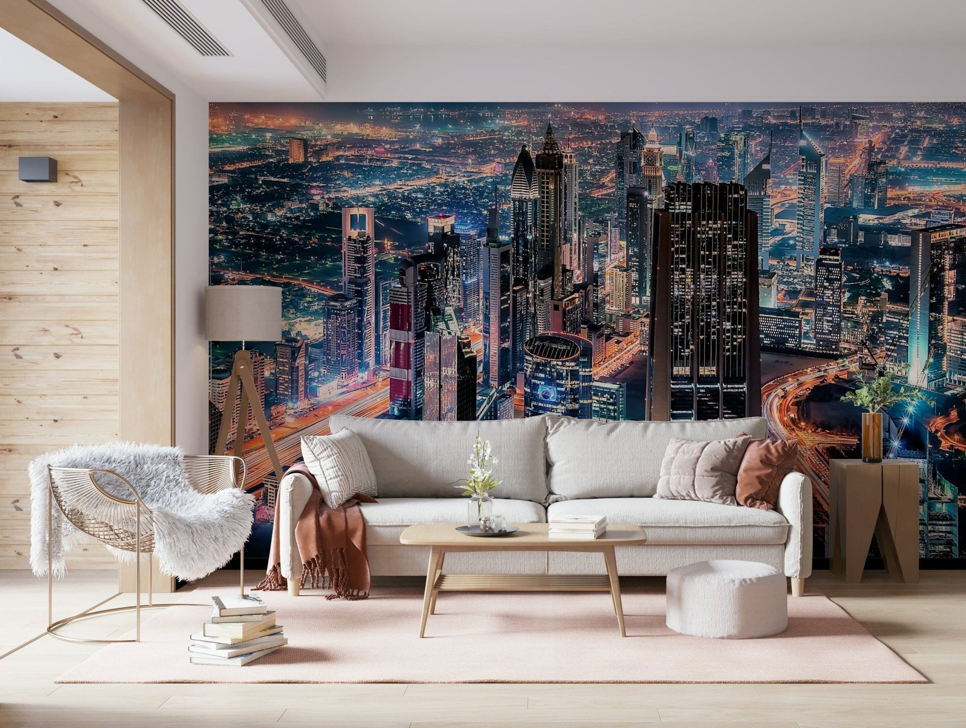 Study nook wall with Dubai skyline mural, night city scene for living space