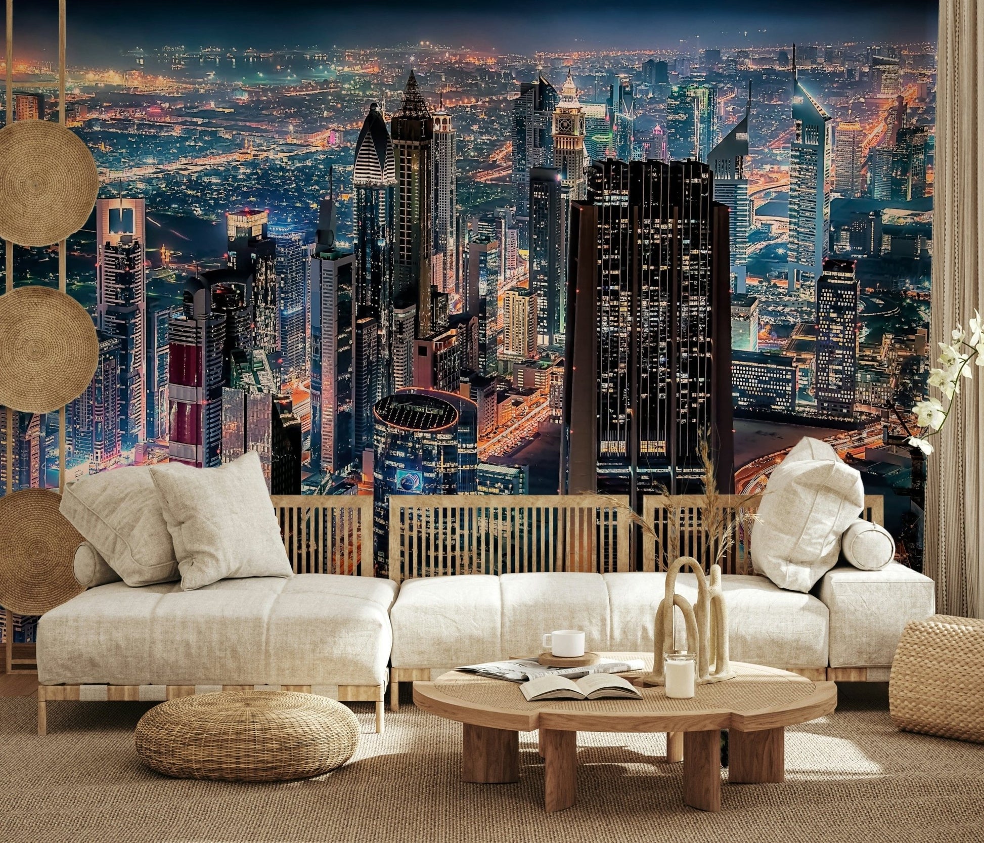 Lounge room TV wall with Dubai night skyline, deep blue and golden glow