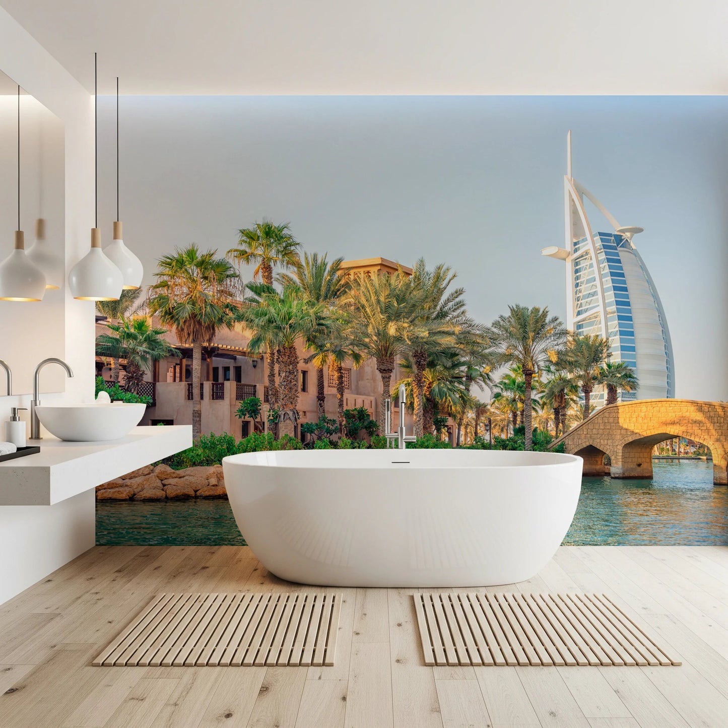 Dubai Oasis wallpaper mural of the Burj Al Arab and palms behind a white freestanding tub in a bathroom