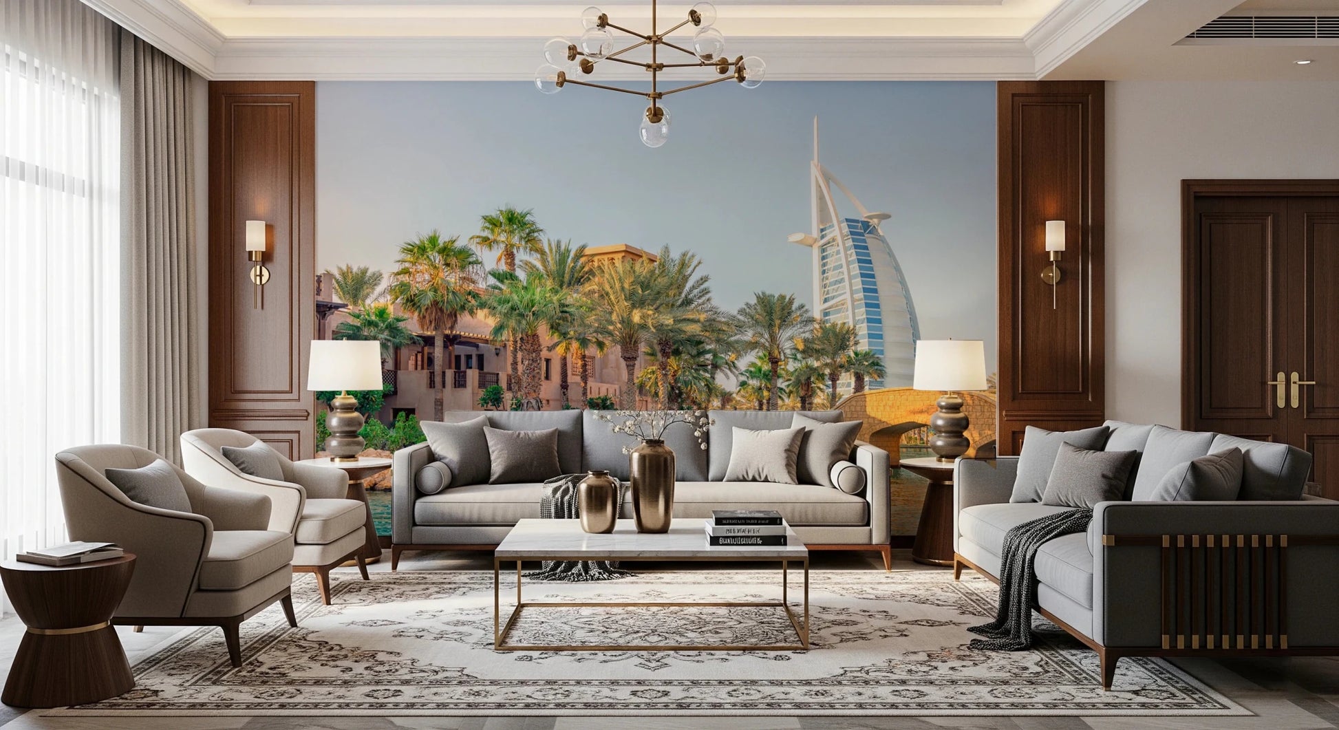 Dubai Oasis wallpaper mural of the Burj Al Arab and palms behind grey sofas in an elegant living room