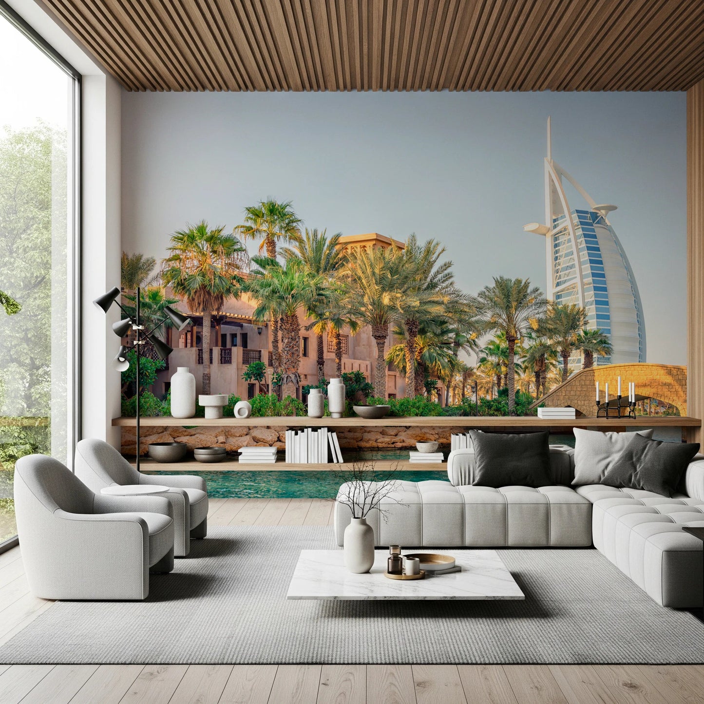 Dubai Oasis wallpaper mural of the Dubai resort and Burj Al Arab behind a white sectional and grey swivel chairs