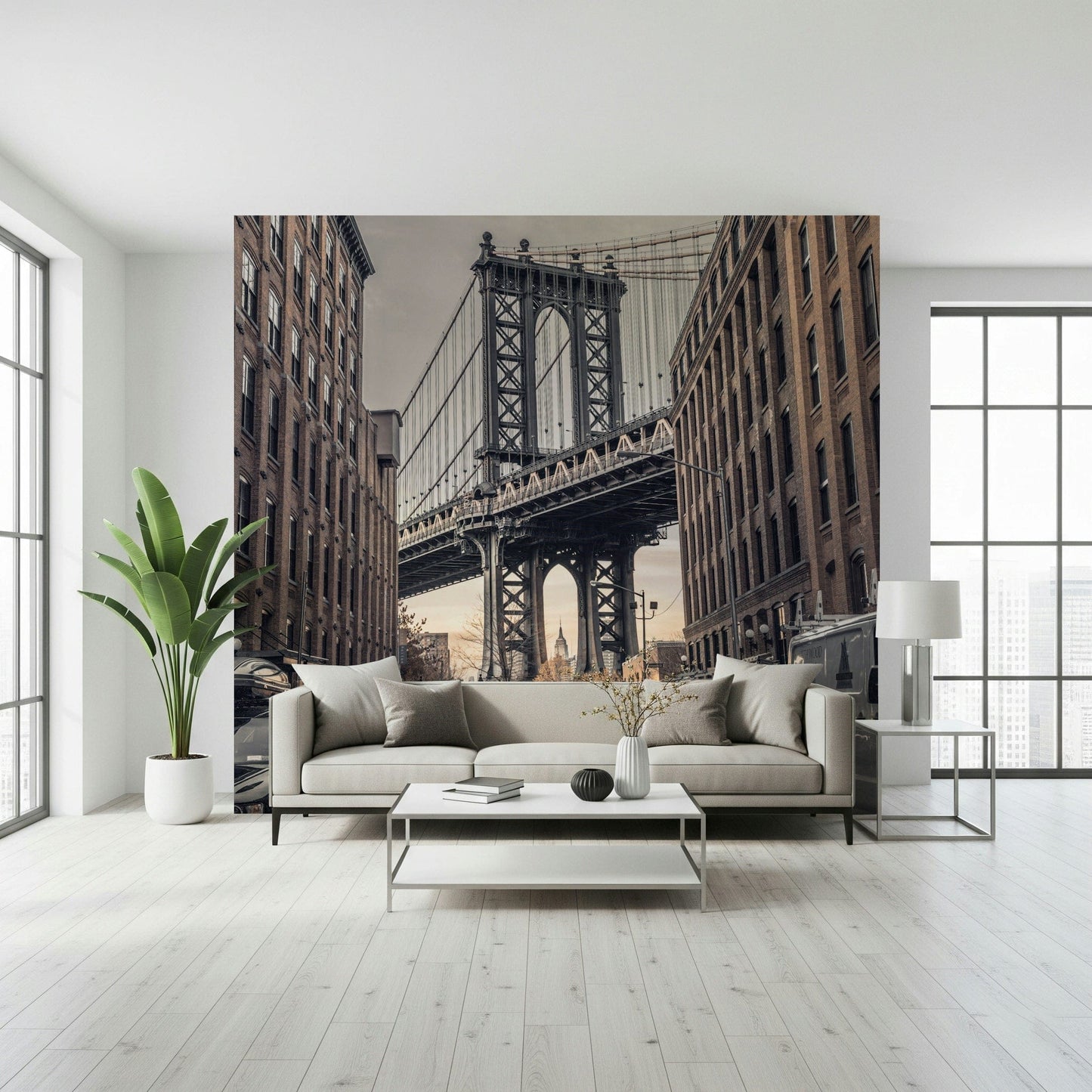 Bridge from Dumbo view wall mural, cobblestone street, towering brick buildings.