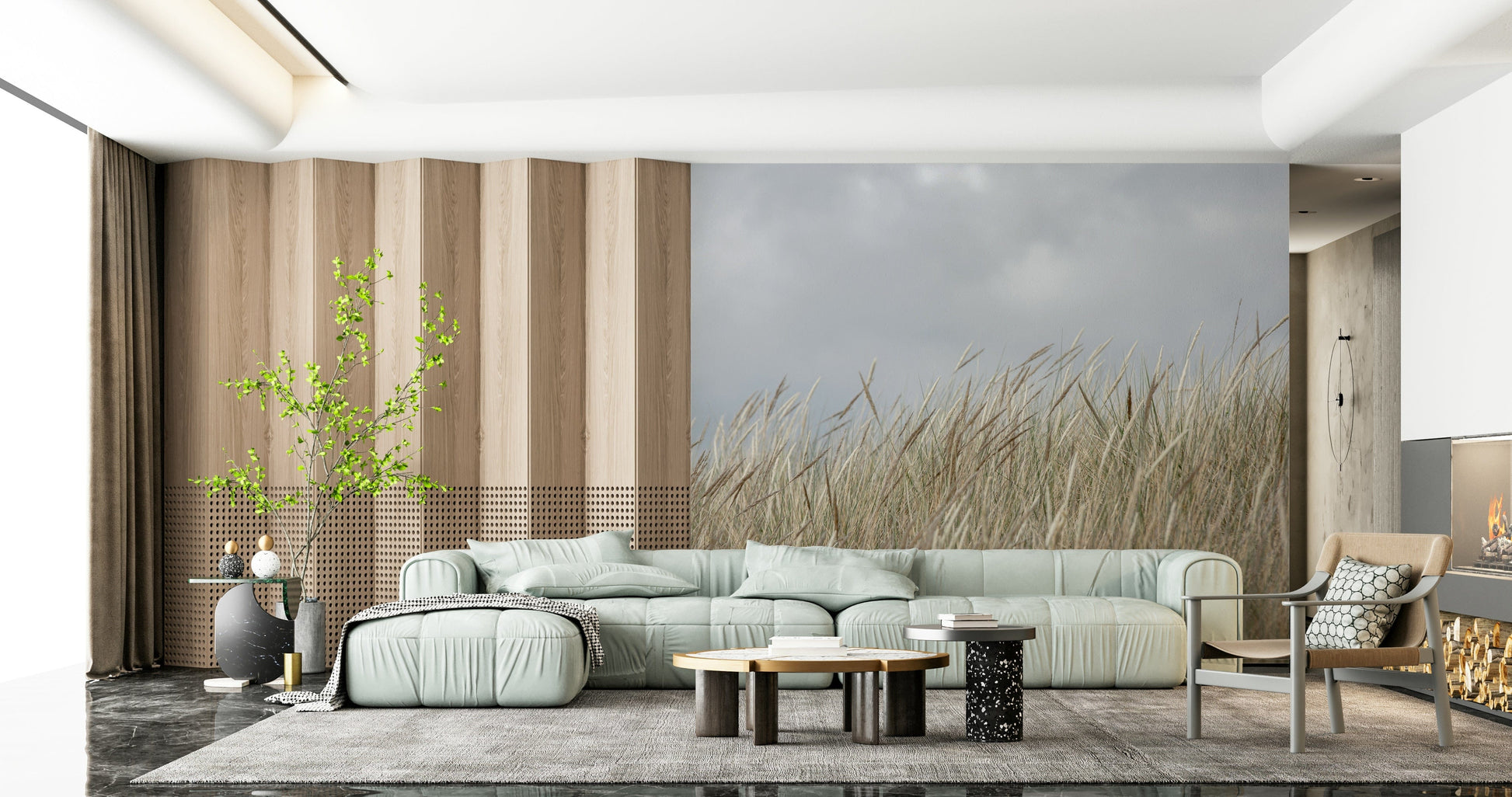 Minimalist botanical wall mural with Woodland Dune Grass blowing in wind.