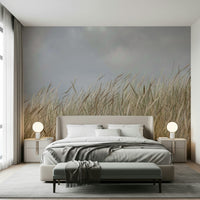 Serene overcast sky behind tall straw texture of Woodland Dune Grass mural.