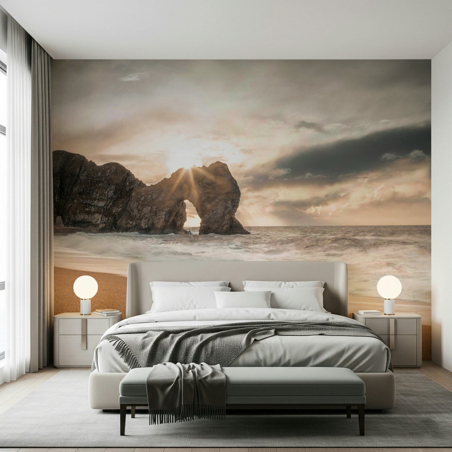 Sunrise seascape wall mural with rocky arch