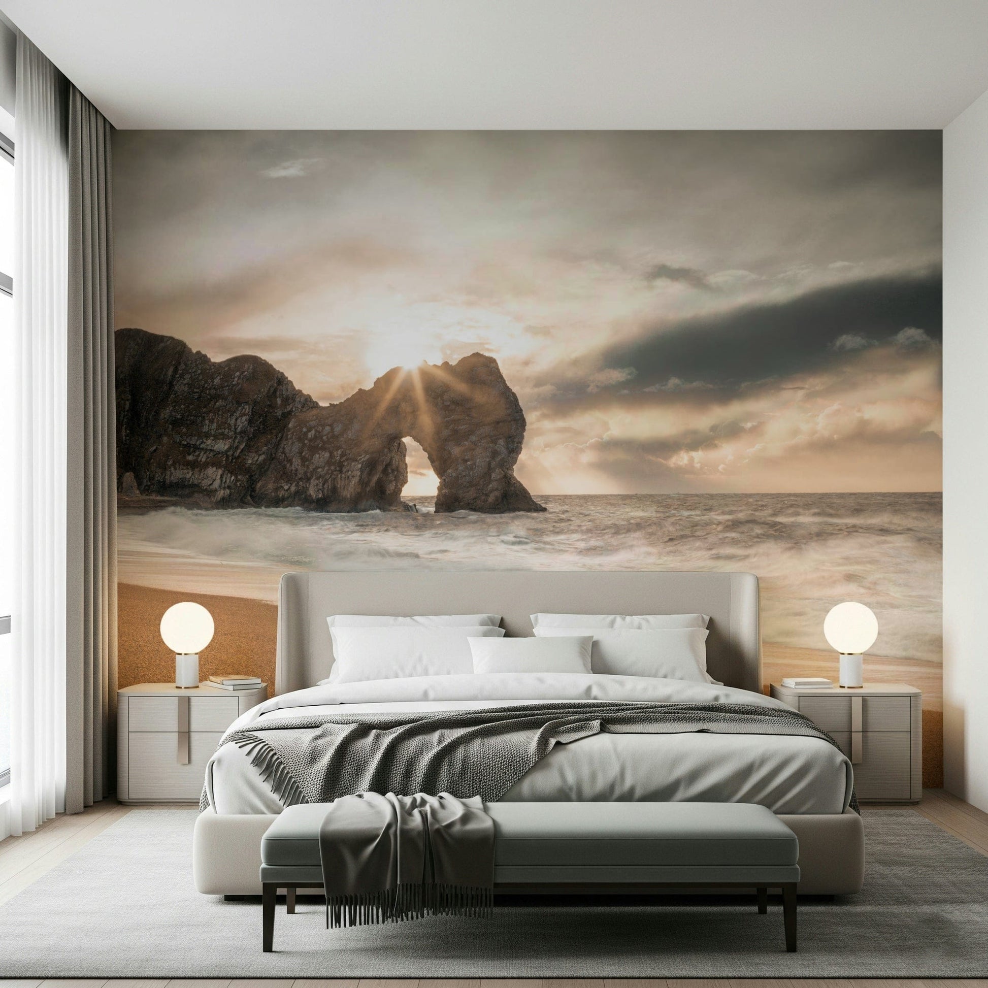 Sunrise seascape wall mural with rocky arch