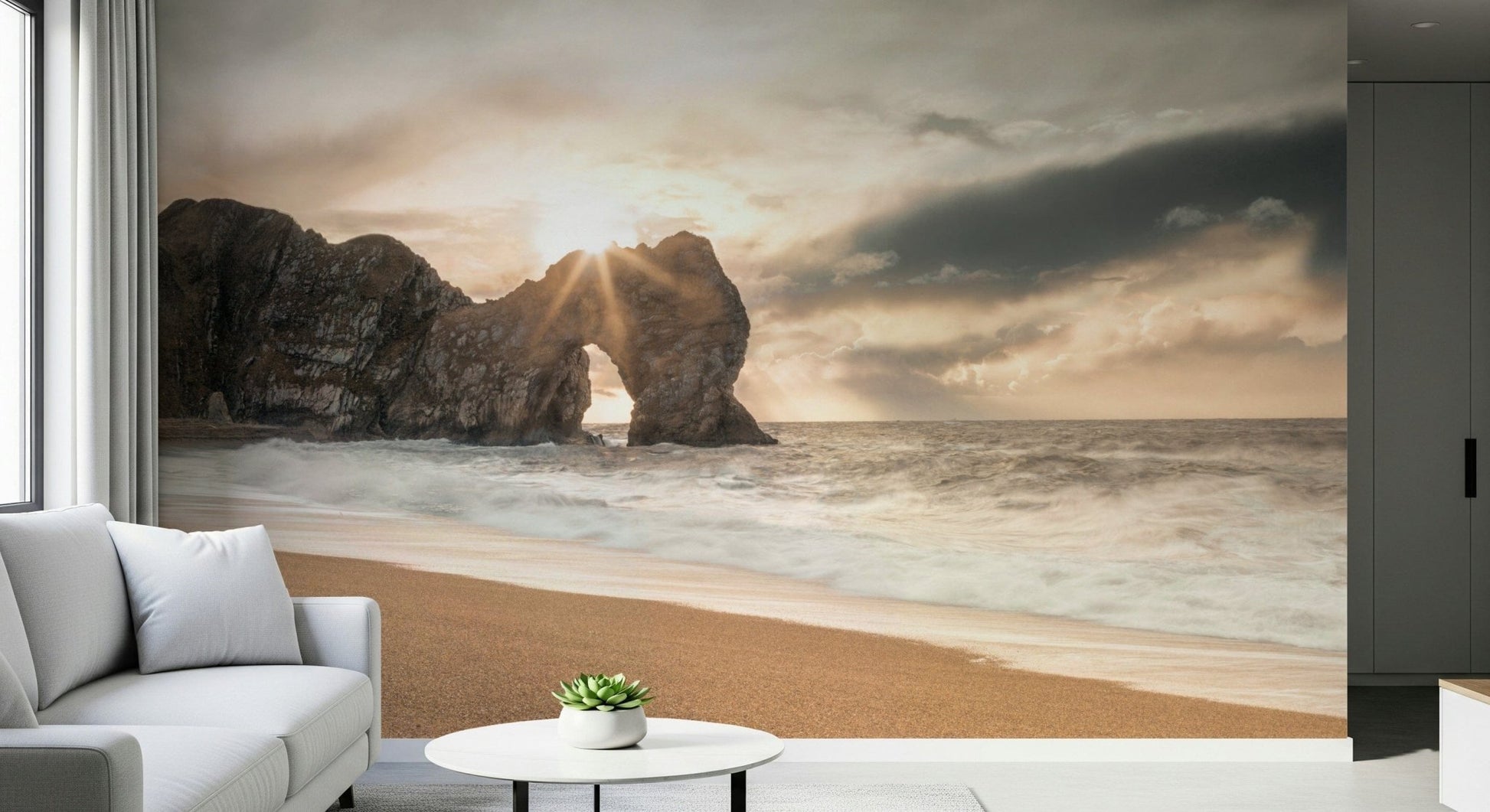 Sea arch rock wall mural with sandy beach