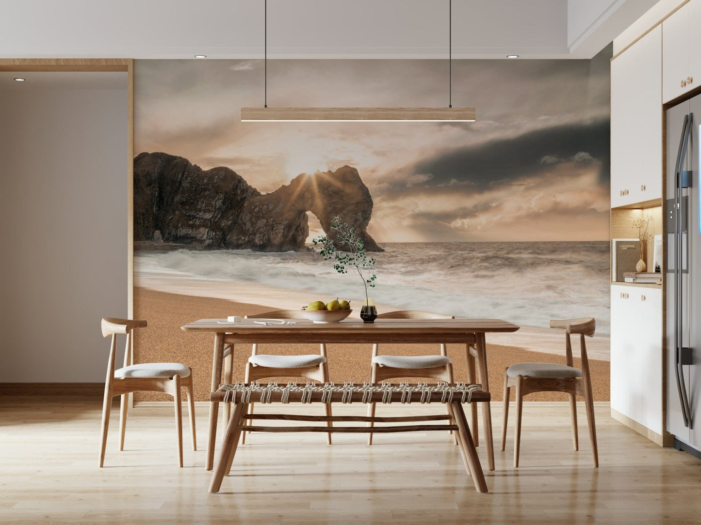 Golden sky wall mural over coastal rocks