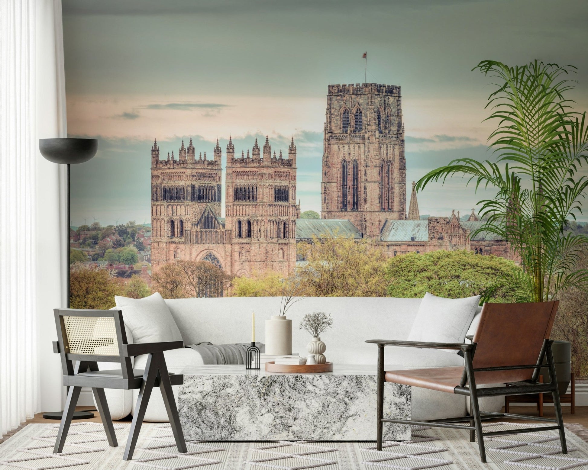Historic English church wall décor with greenery