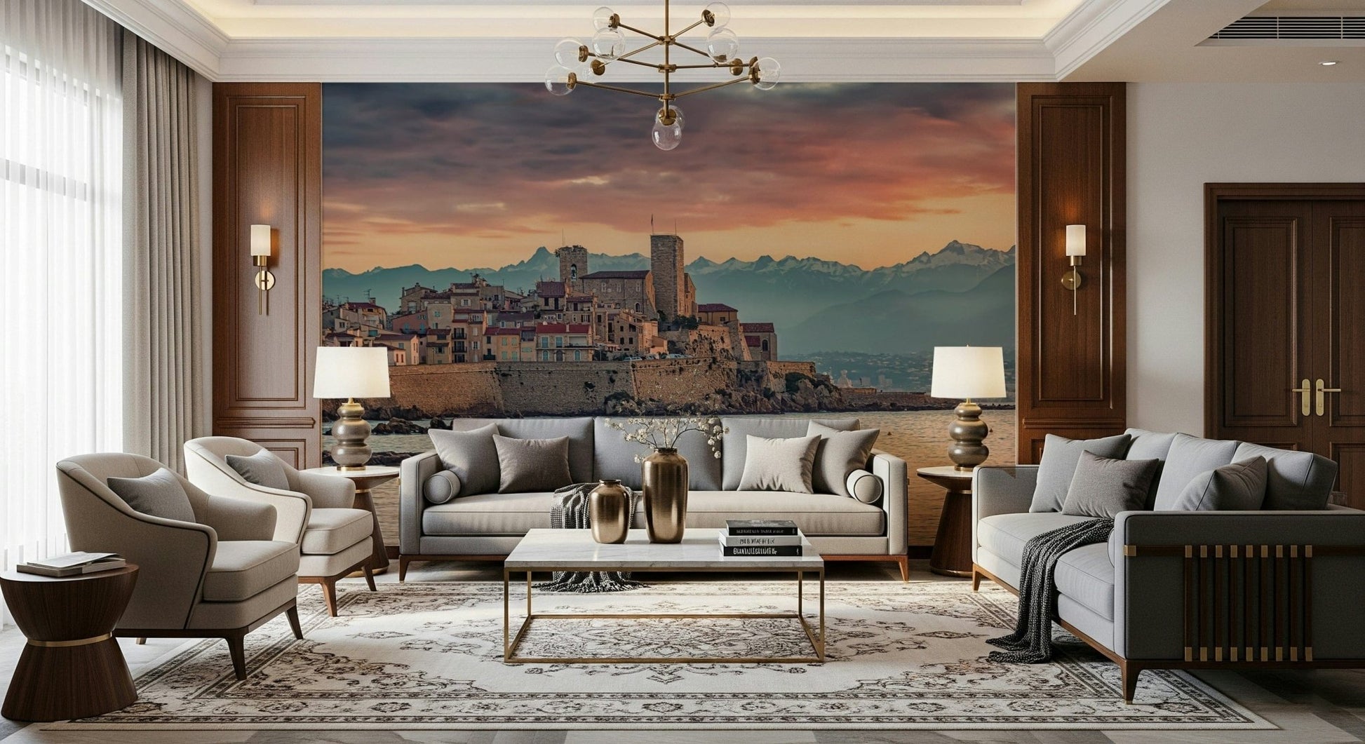 Scenic wall mural showcasing Antibes at twilight with stone buildings and distant mountain peaks.
