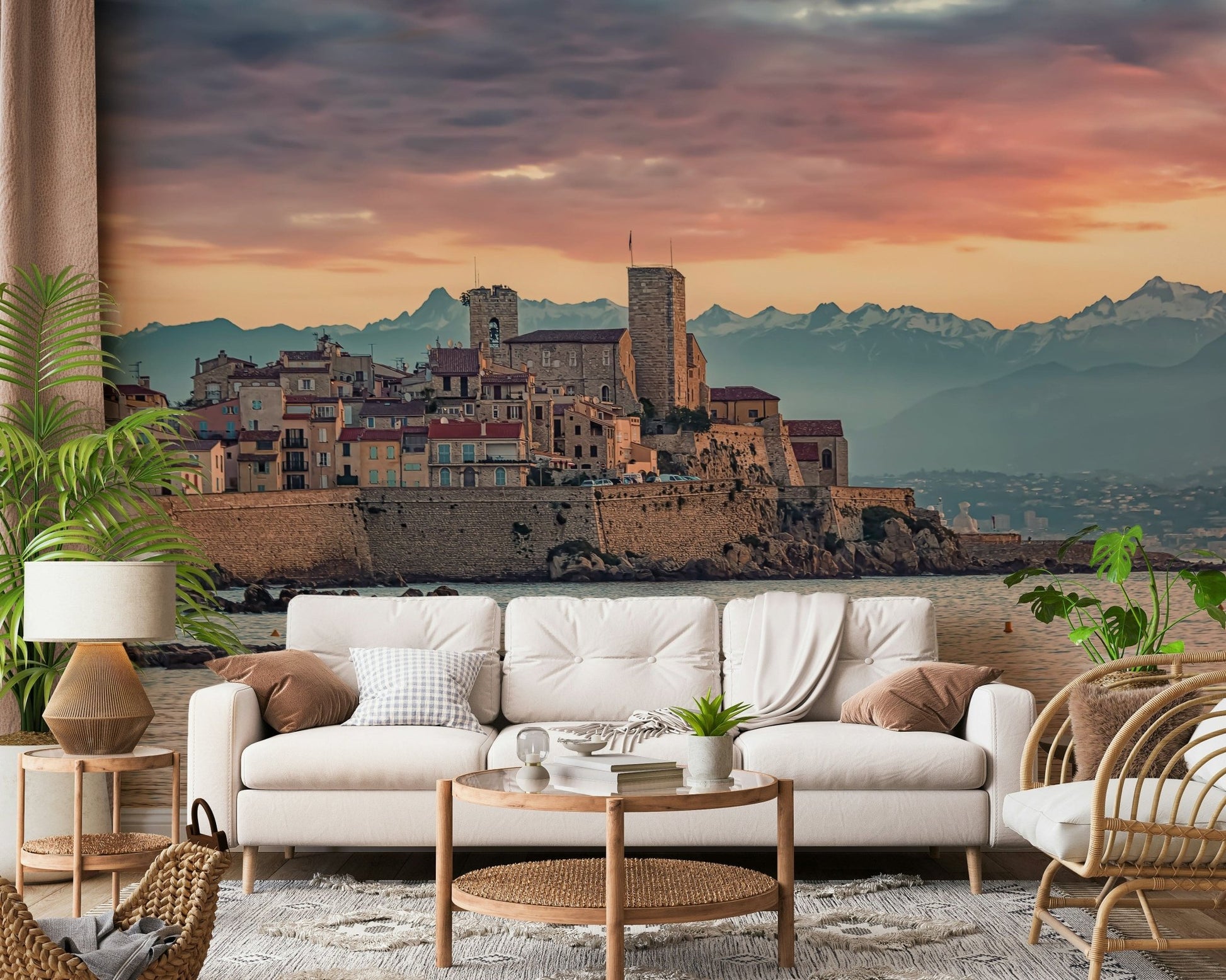 Picturesque Antibes mural featuring the old fortress and calm waters at dusk.