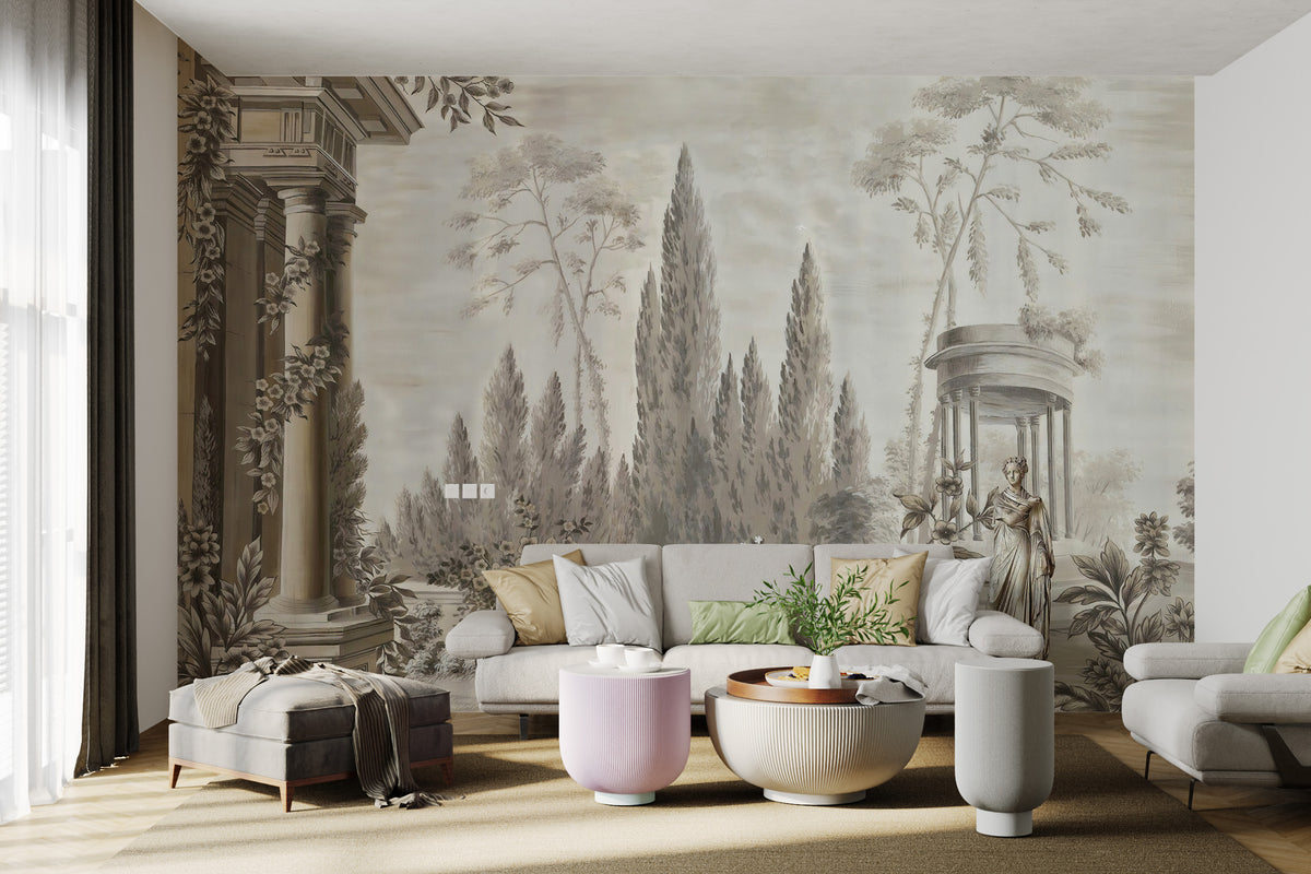 Dusky Forestry Fort wallpaper mural shown as a full feature wall that highlights the design