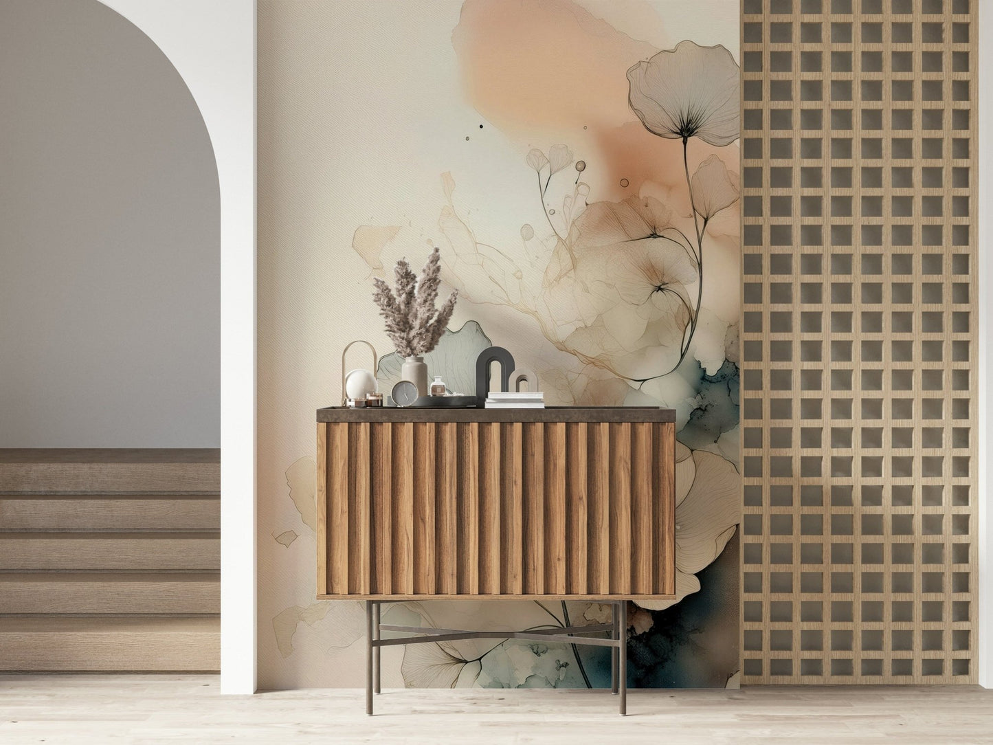 Dusky Ink Petals wallpaper mural beside a fluted wood sideboard and lattice screen in a bright hallway
