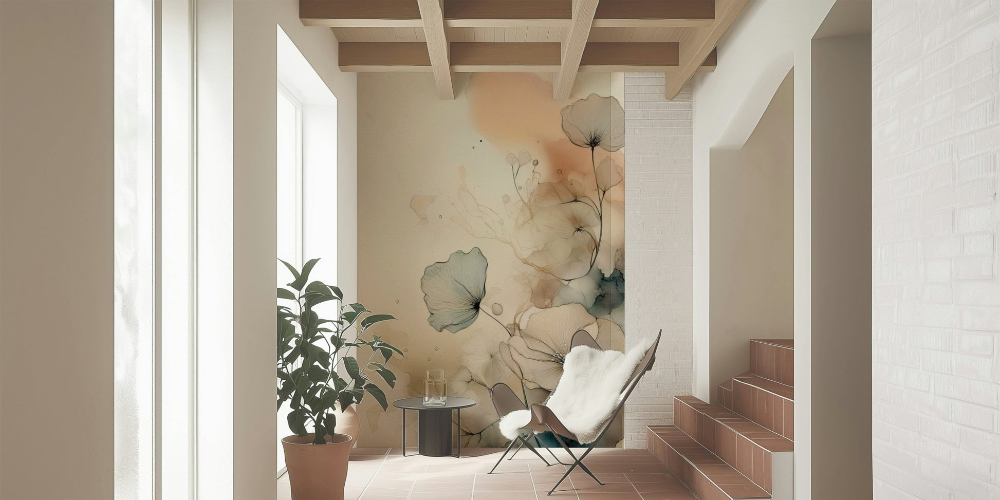 Dusky Ink Petals wallpaper mural in a sunlit hallway with butterfly chair and terracotta tiled stairs