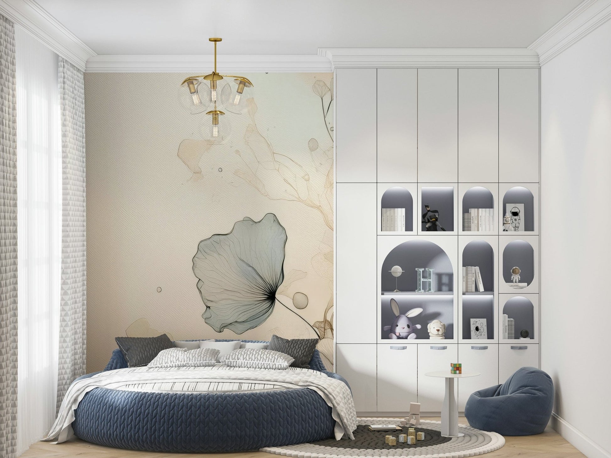 Dusky Ink Petals wallpaper mural in soft peach tones above a round navy bed in a child bedroom with white shelving