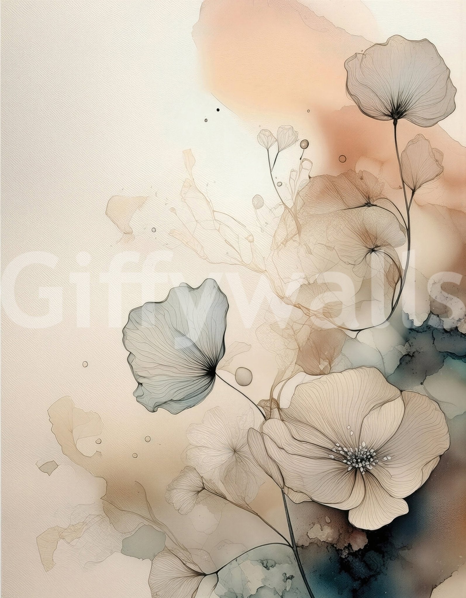 Dusky Ink Petals wallpaper mural shown as a full-wall print of blush and teal ink flowers with peach wash