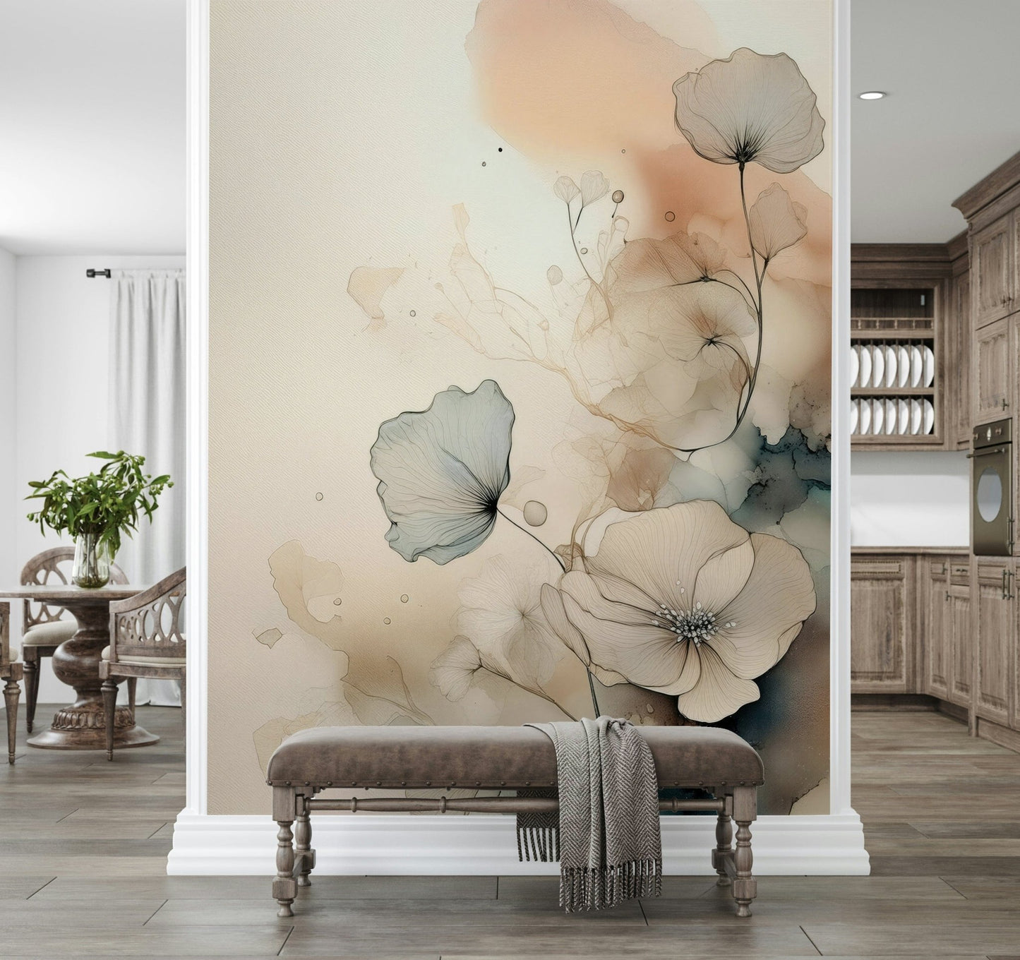 Dusky Ink Petals wallpaper mural on an entry partition above a grey upholstered bench between dining room and kitchen
